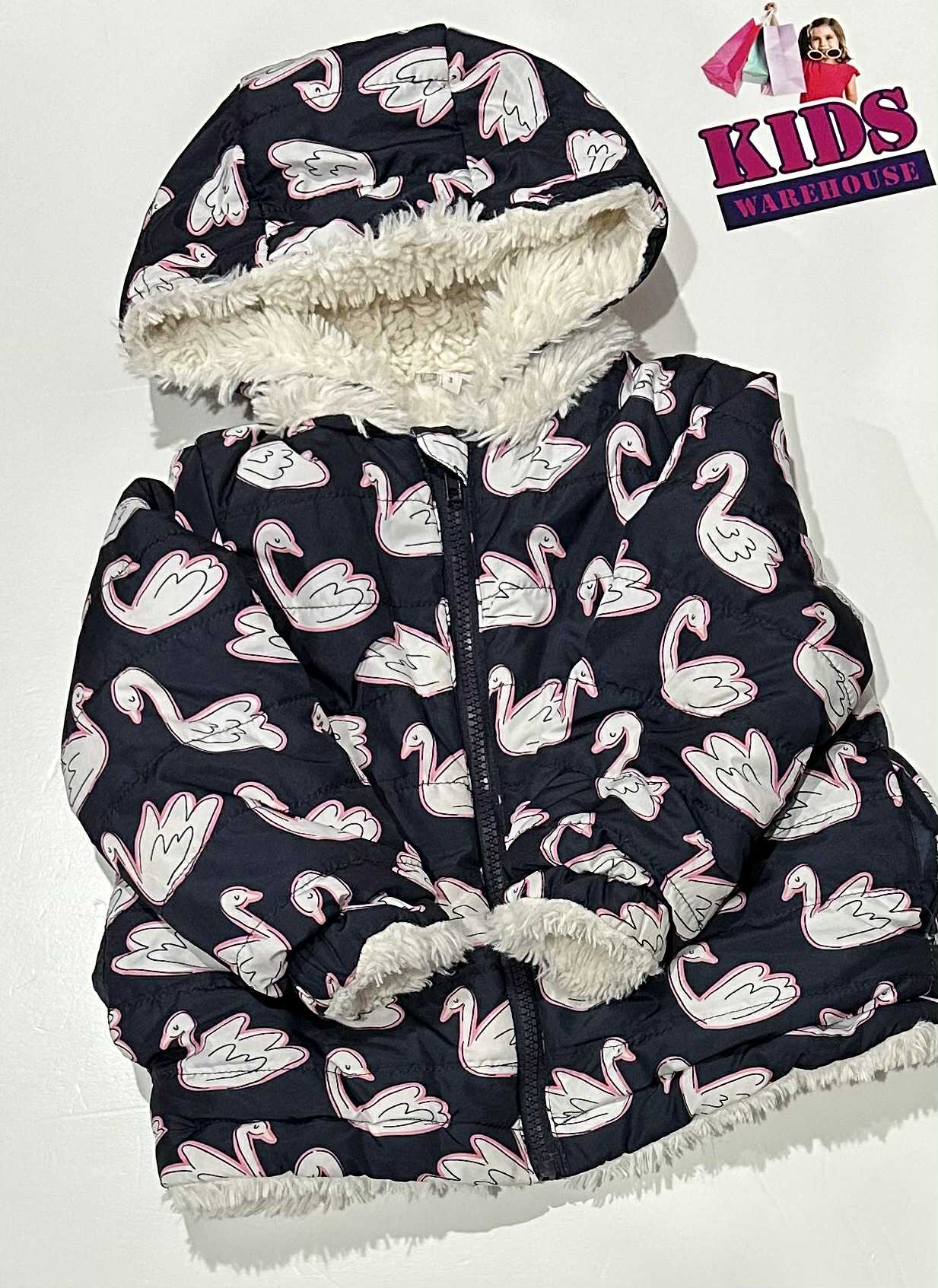Seed Heritage Black Puffer Jacket With White Swans Pattern Size 3