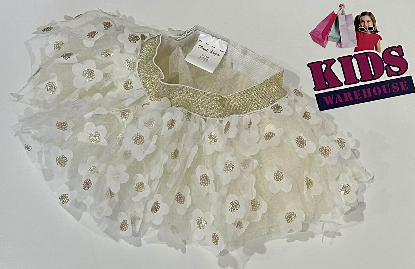 First Steps White & Gold Skirt With Flower Pattern Size 000