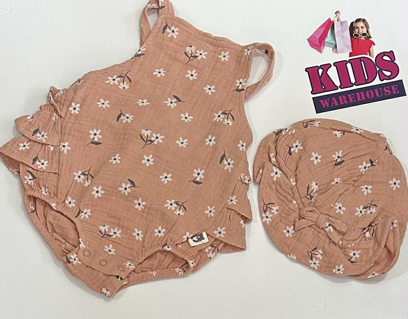 Rabbit + Bear Pink Bodysuit With White Flower Pattern & Hat Size 0000
