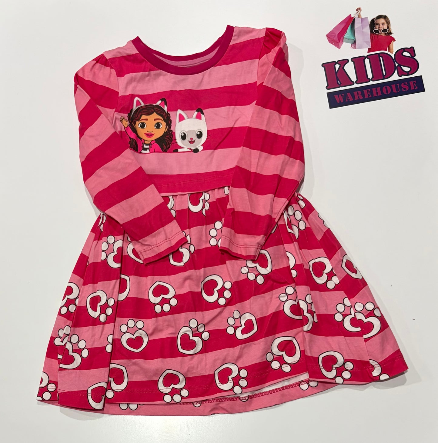 Gabby's Dollhouse Pink Stripe, Characters & Paw Print Dress Size 4