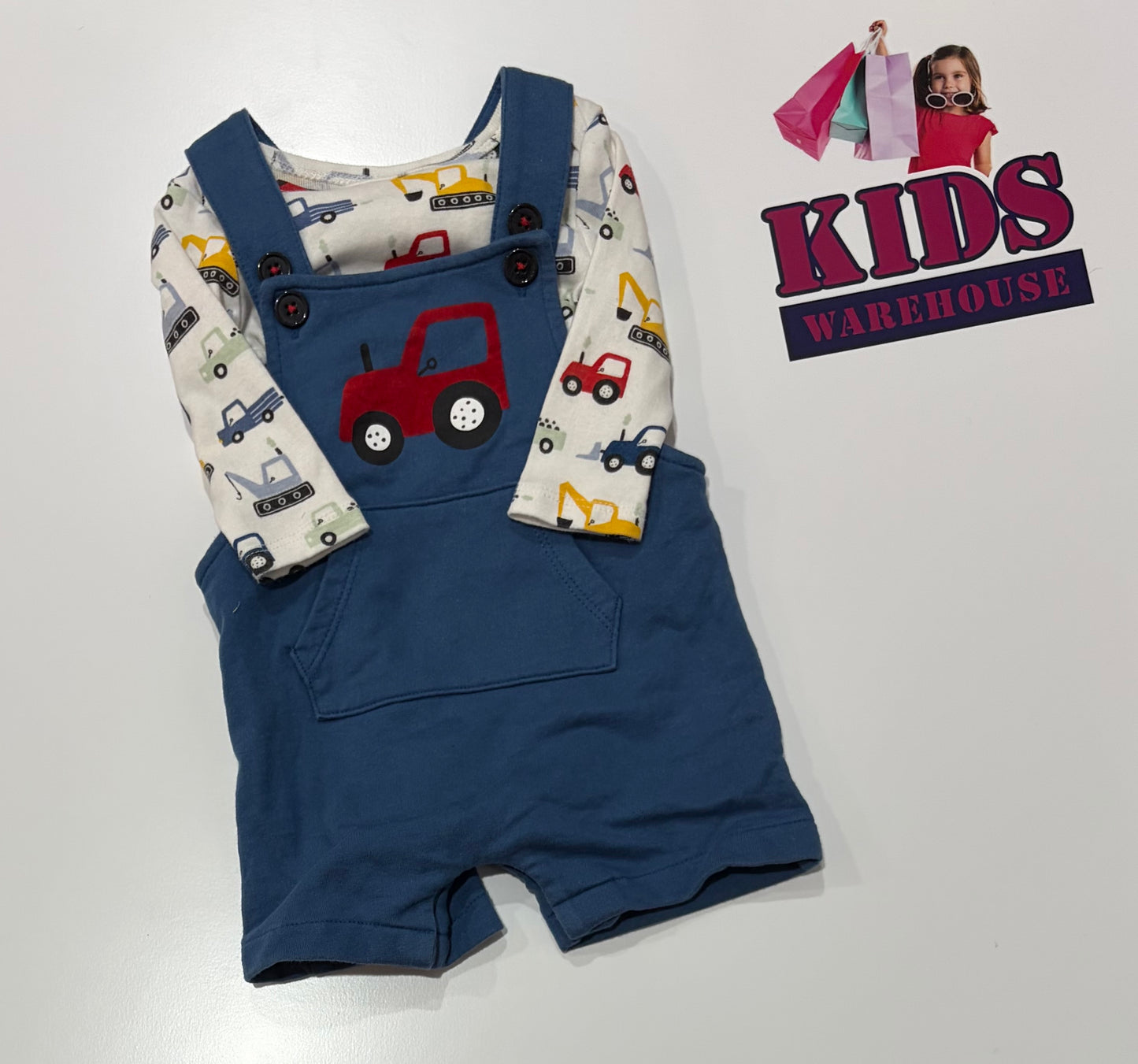Wondernauts White, Tractor Print Long Sleeve, Blue Overalls 2 Piece Set Size 000