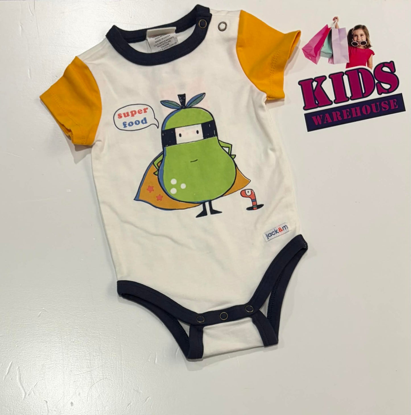 Not Used Jack & Milly White & Yellow Bodysuit With “Super Food” Print Size 000 (RRP $19.95)