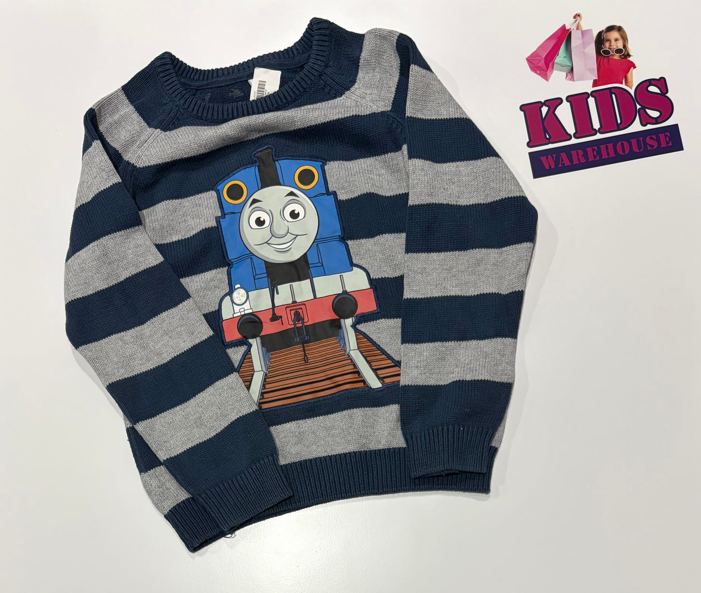 Navy, Grey Stripe, Thomas & Friends Print Sweater Size 5