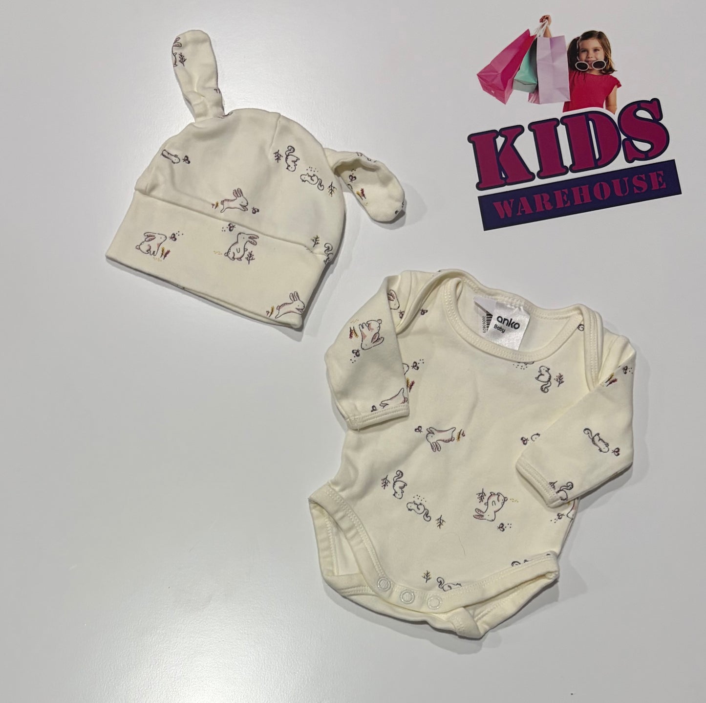 White, Bunny Print Bodysuit & Beanie Woth Ears 2 Piece Set Size 00000