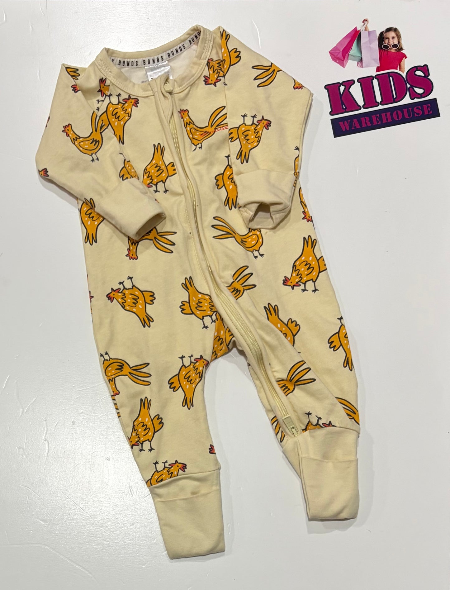 Bonds Wondersuit Cream, Chicken Print Jumpsuit Size 000