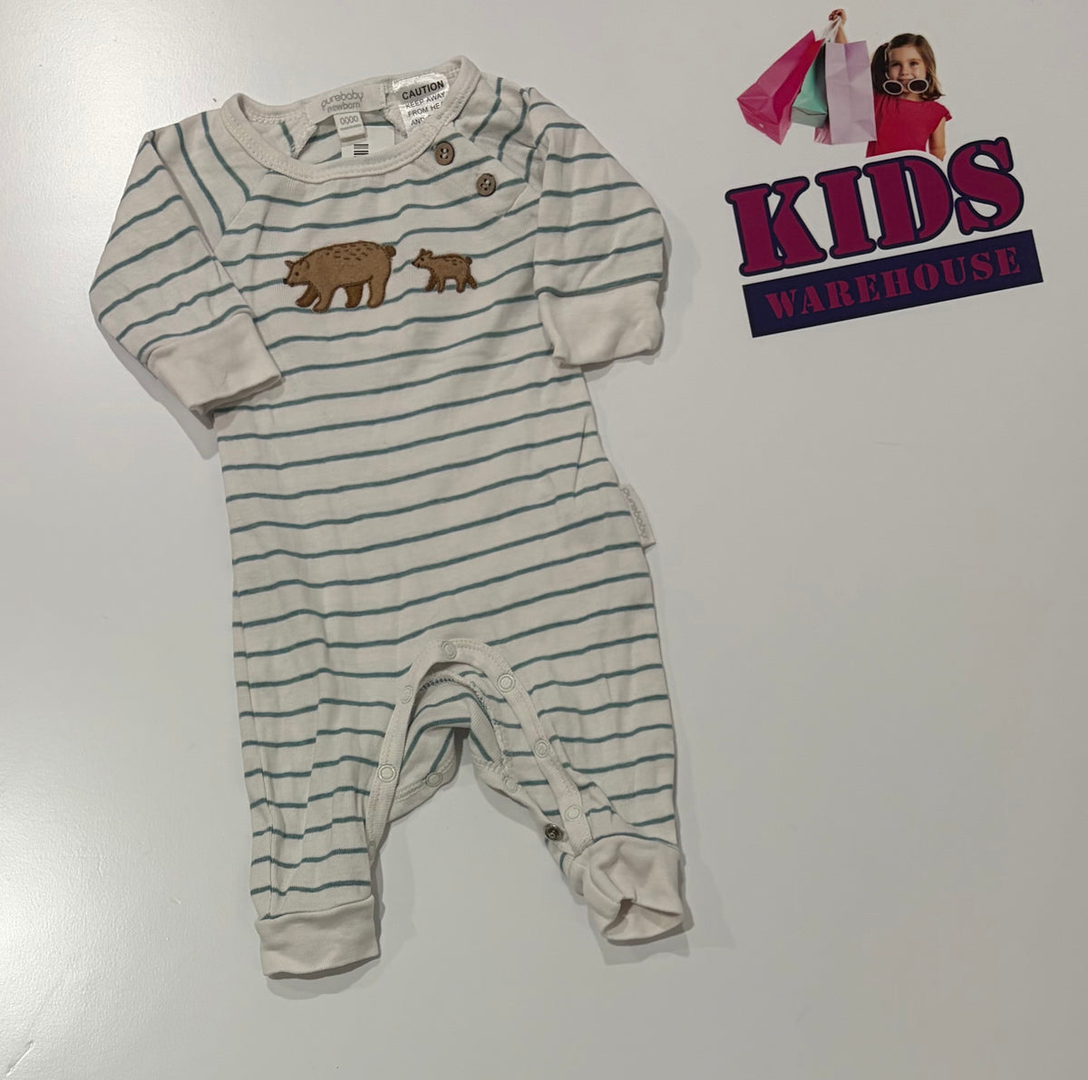 Purebaby White, Green Stripe, Bear Print Jumpsuit Size 0000