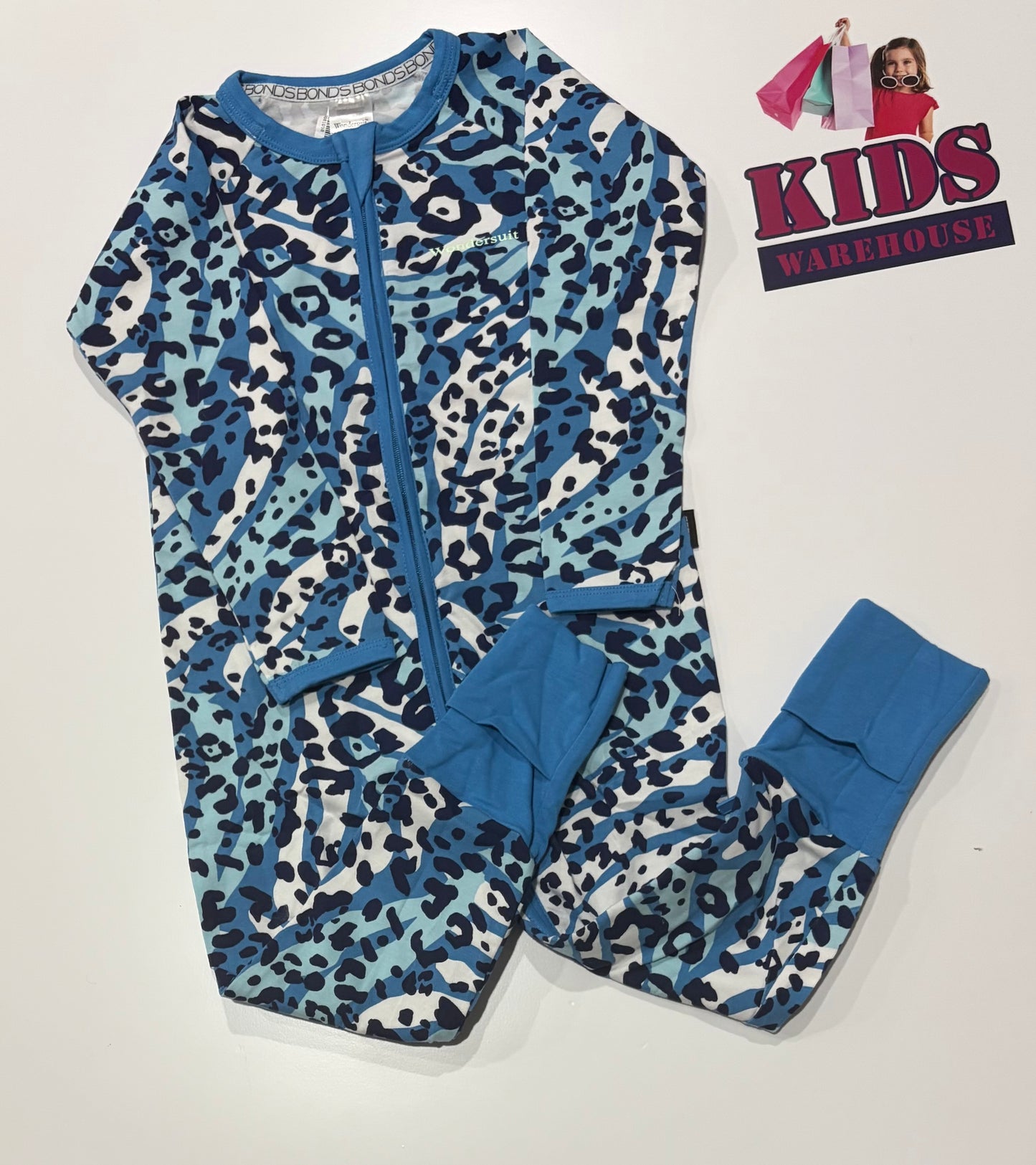 Bonds Wondersuit Blue, White Leopard Print Size 2