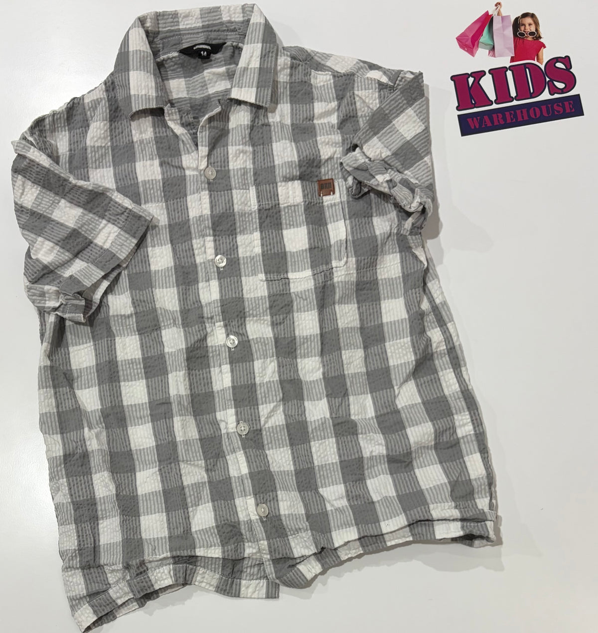 Bauhaus Grey, White Check Print Top Size 14