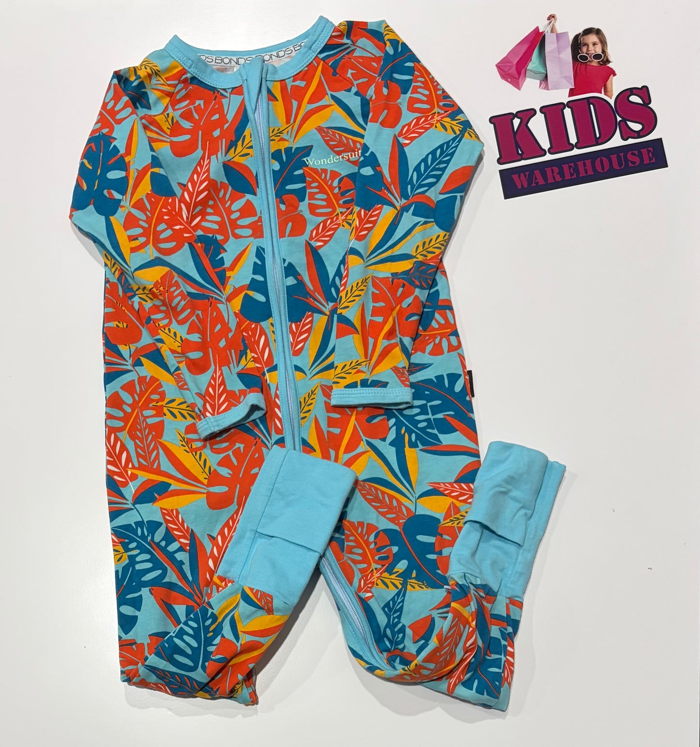 Bonds Wondersuit Blue, Orange Leaf Print Jumpsuit Size 2