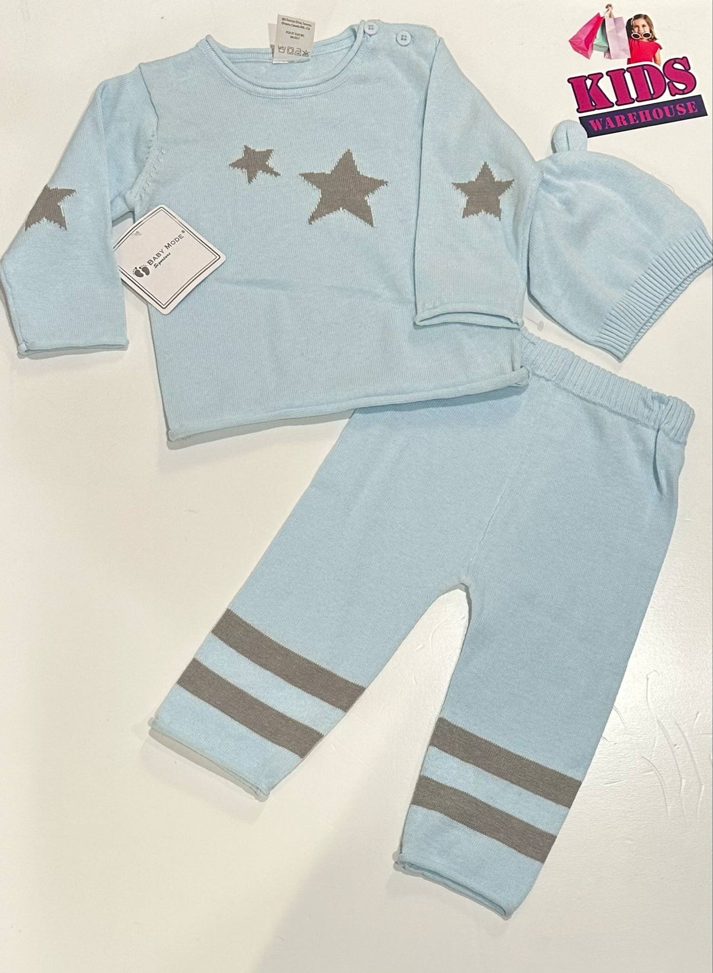 New Baby Mode Blue & Grey 3 Piece PJ Set Size 2