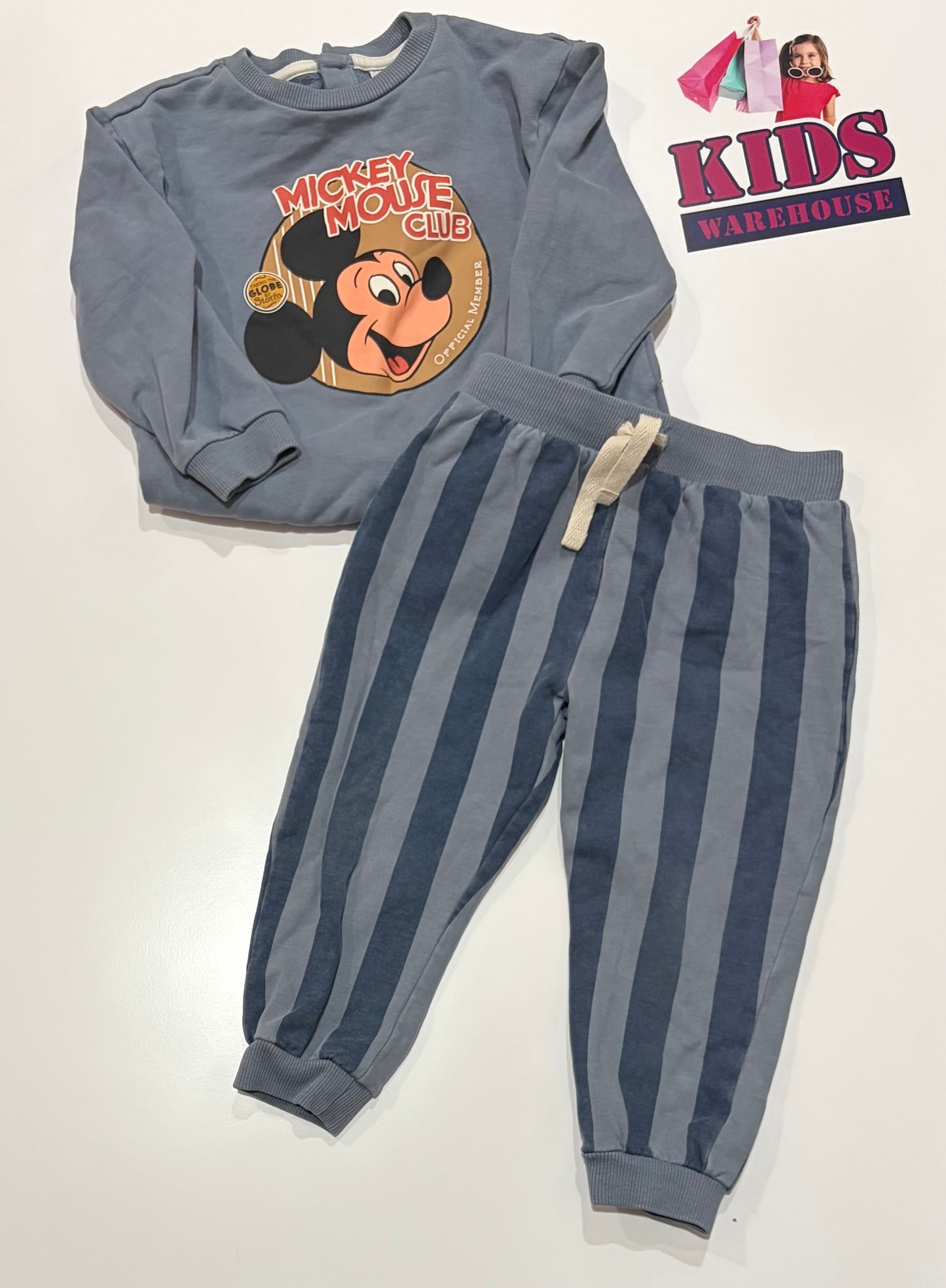 Disney Blue, Dark Blue Mickey Mouse Club Print Long Sleeve & Striped Pants Size 2