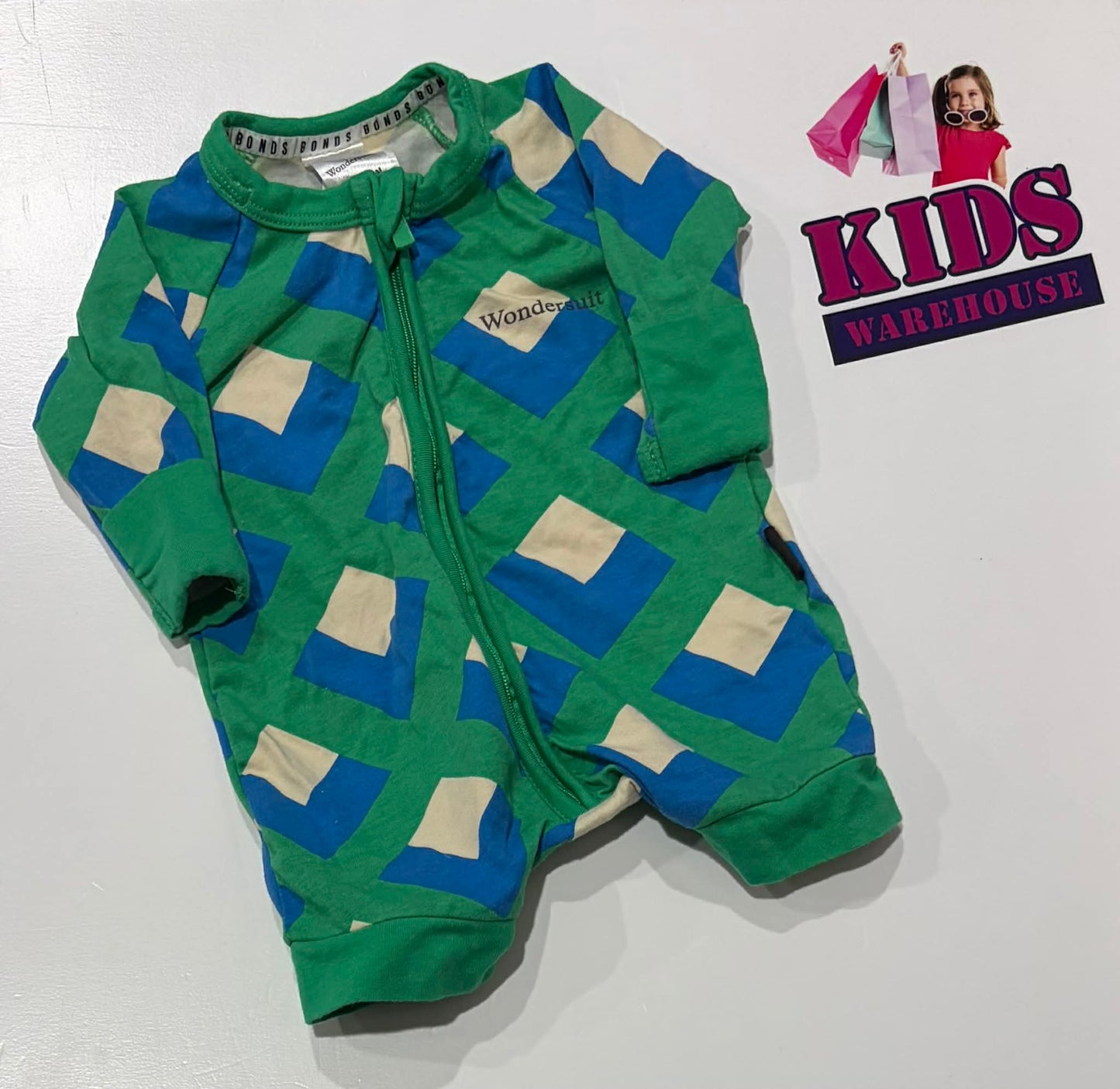 Bonds Green Wondersuit With Blue & White Pattern Size 0000