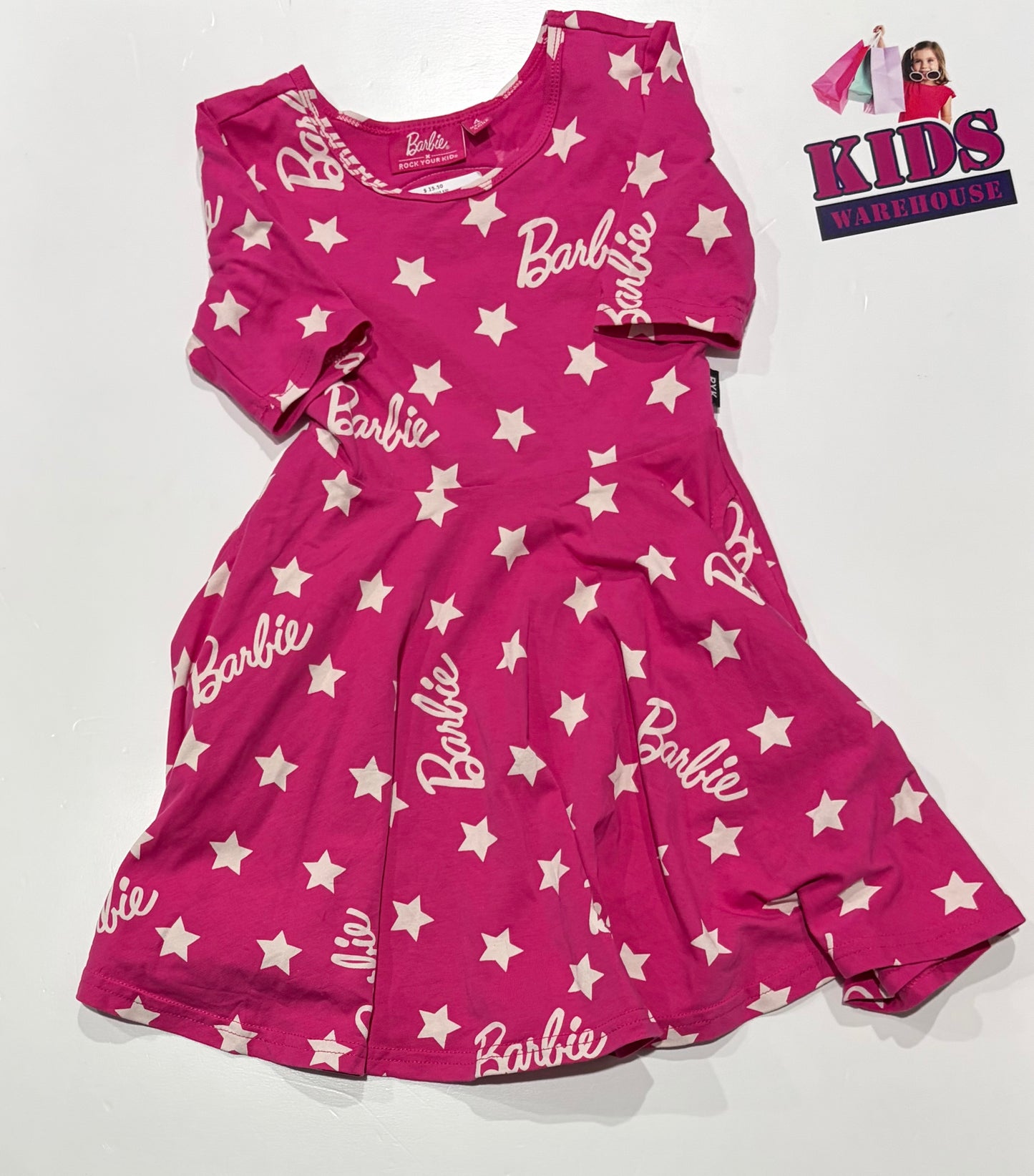 Barbie x Rock Your Kid Pink, White Star Print Dress Size 4