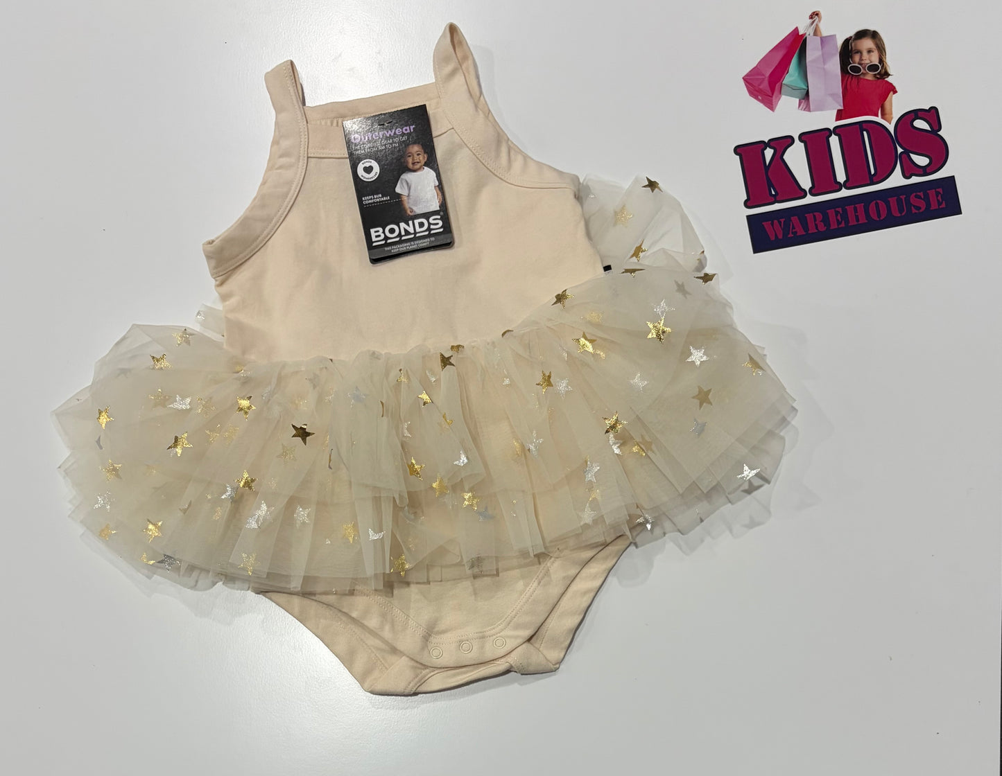 Not Used Bonds Cream, Gold Star Pront Skirted Bodysuit Size 1