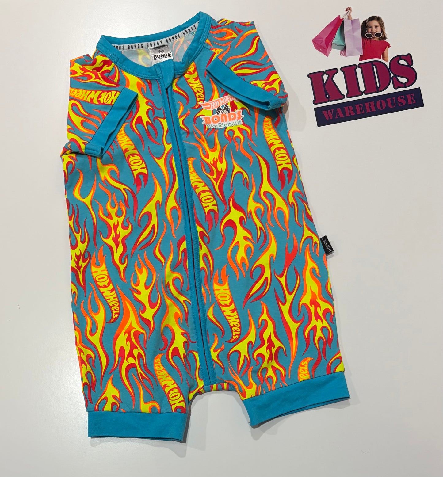Hot Wheels x Bonds Wondersuit Blue, Hot Wheels Flame Logo Jumpsuit Size 2