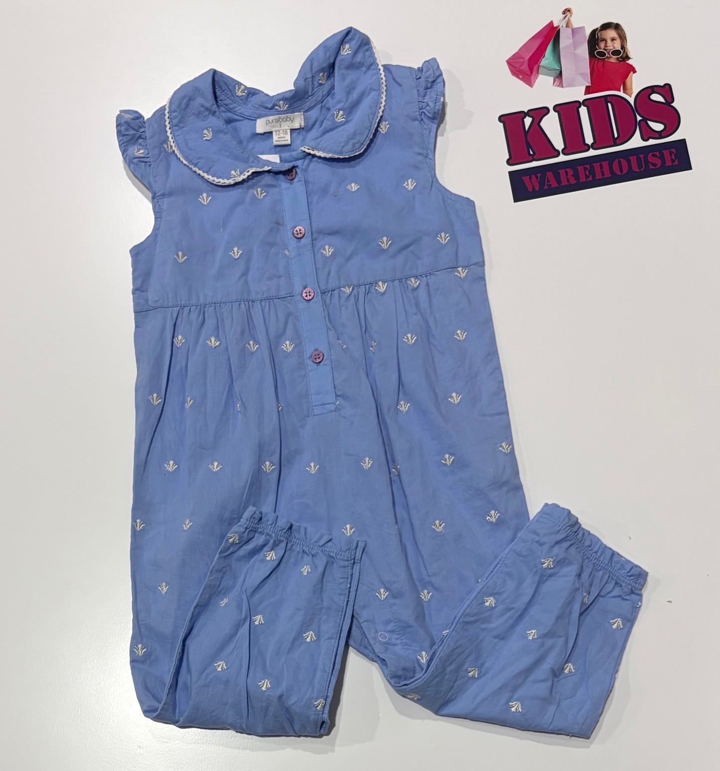 Purebaby Blue, Shell Print Playsuit Size 1
