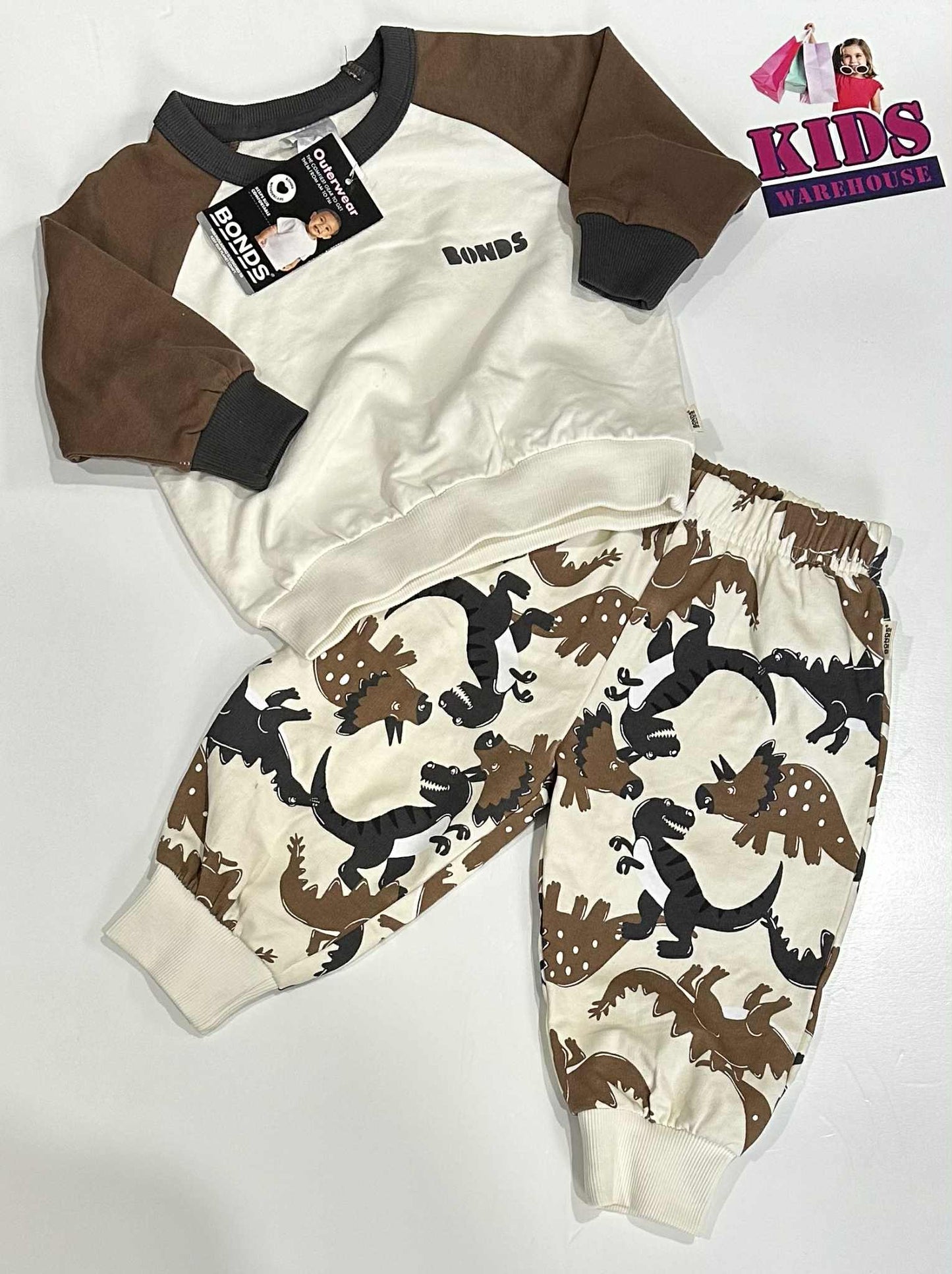 New Bonds White & Brown 2 Piece Set With Dinosaur Pattern Size 0