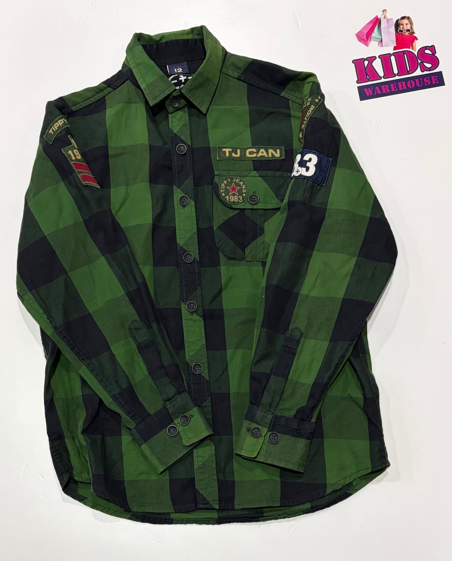 Jean De Nimes Tippy, Green, Black Checked Long Sleeve Top Size 12