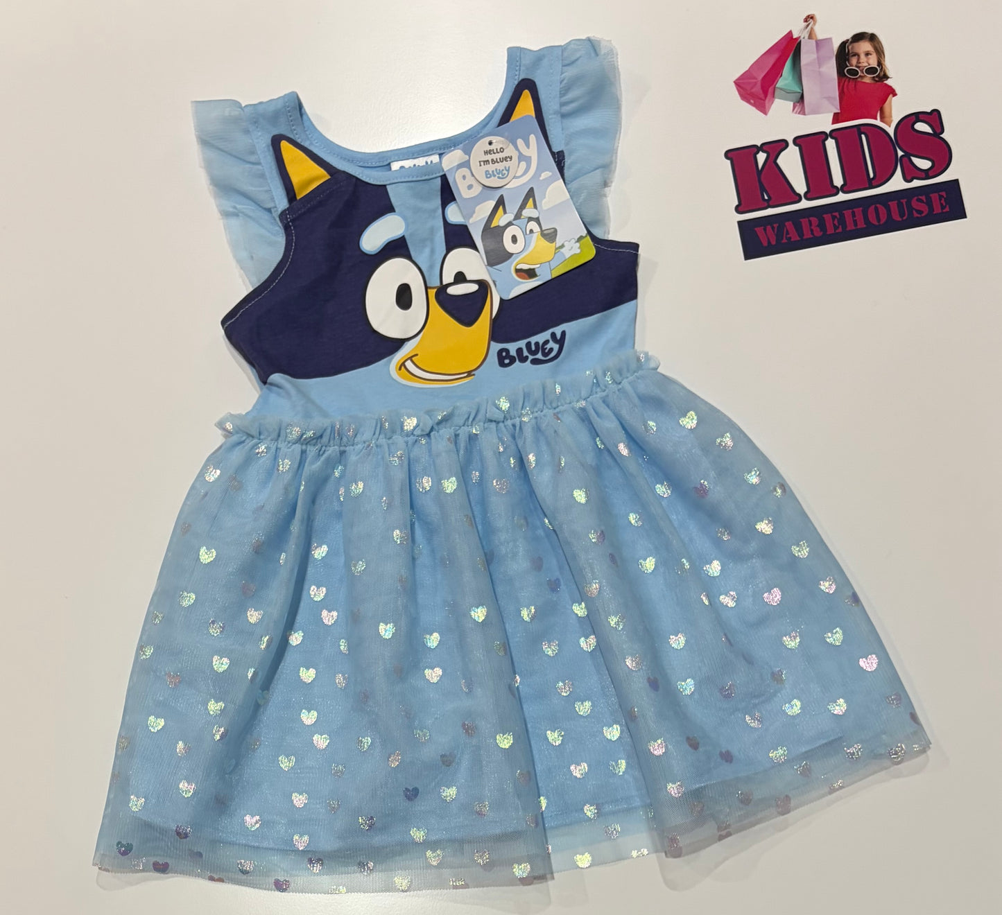 Not Used Bluey Blue, Character Print Silver Polka Heart Dress Size 2