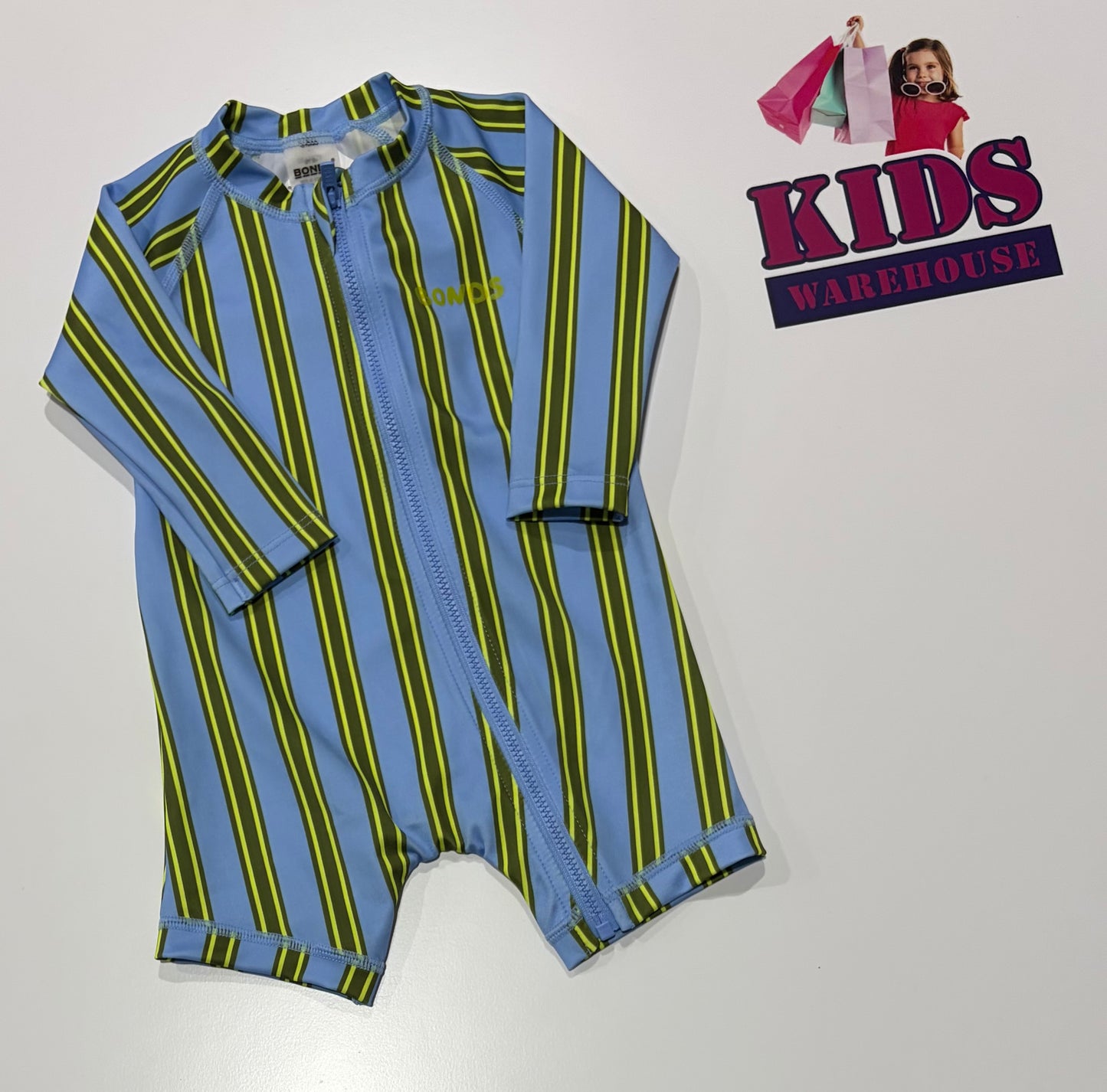 Bonds Blue, Green Stripe Print Swim Rashie Jumpsuit Size 00