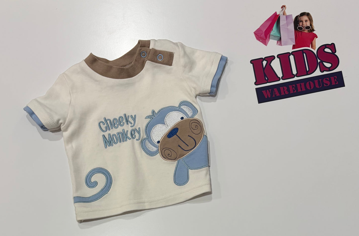 Nursery Time White, Blue Cheeky Monkey Print Top Size 0000
