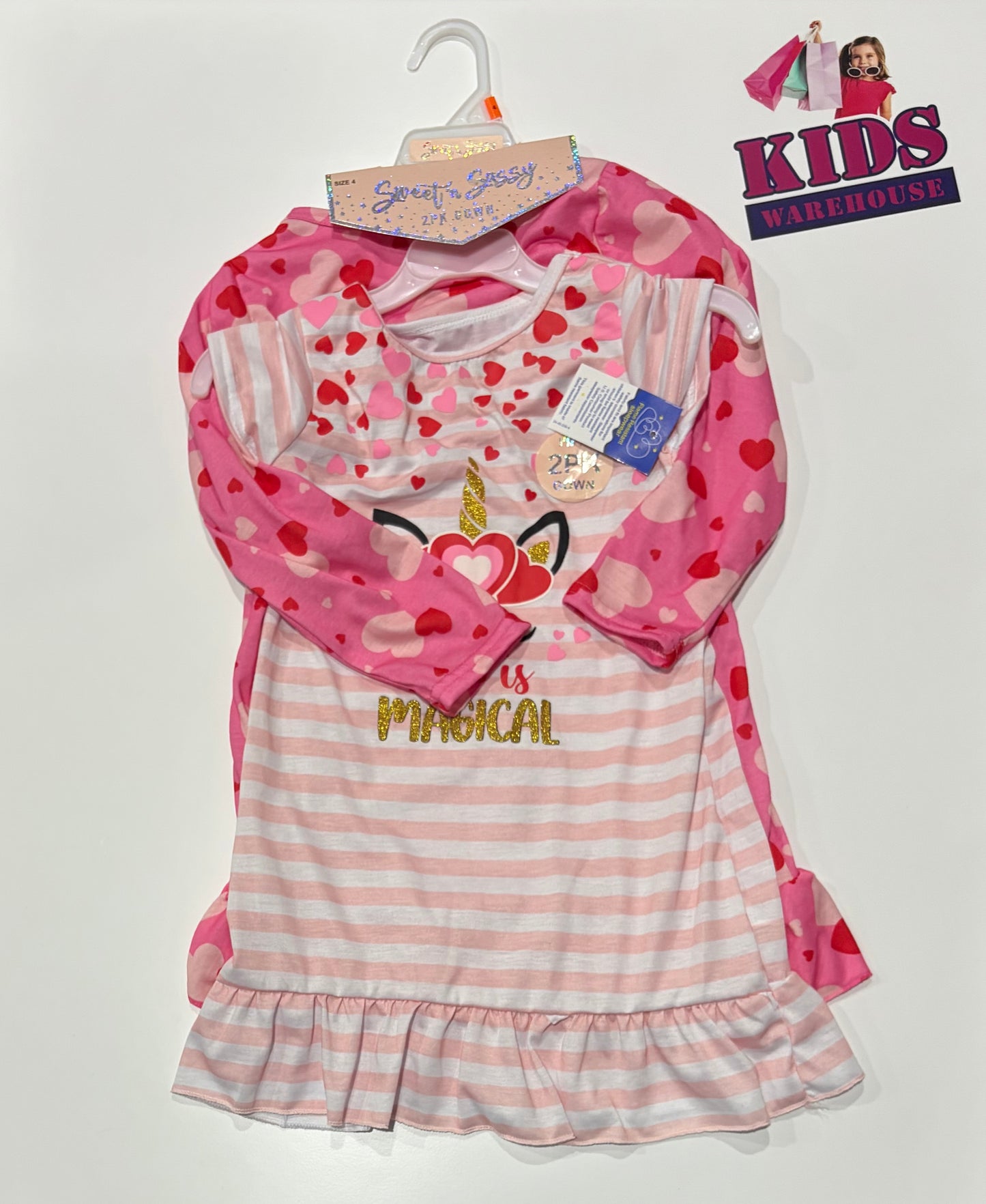 Sweet N Sassy Pink, White Stripe, Polka Heart Print 2 Piece Dress Set Size 4