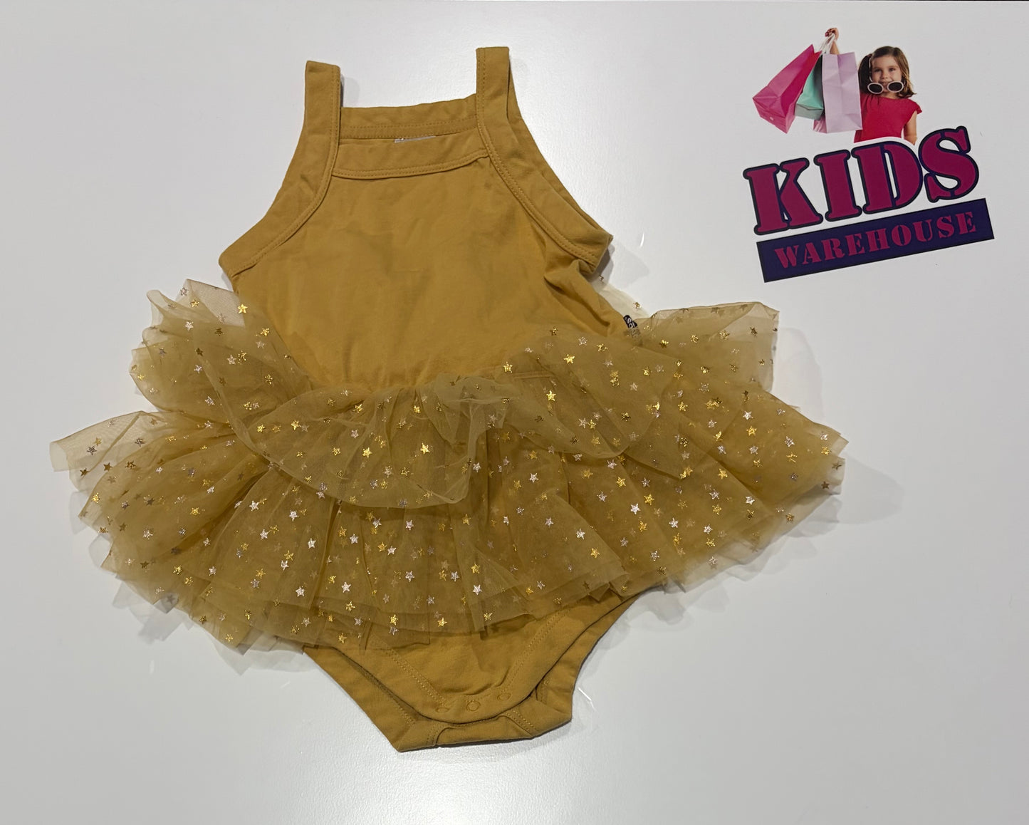 Bonds Yellow, Star Print Skirted Bodysuit Size 1