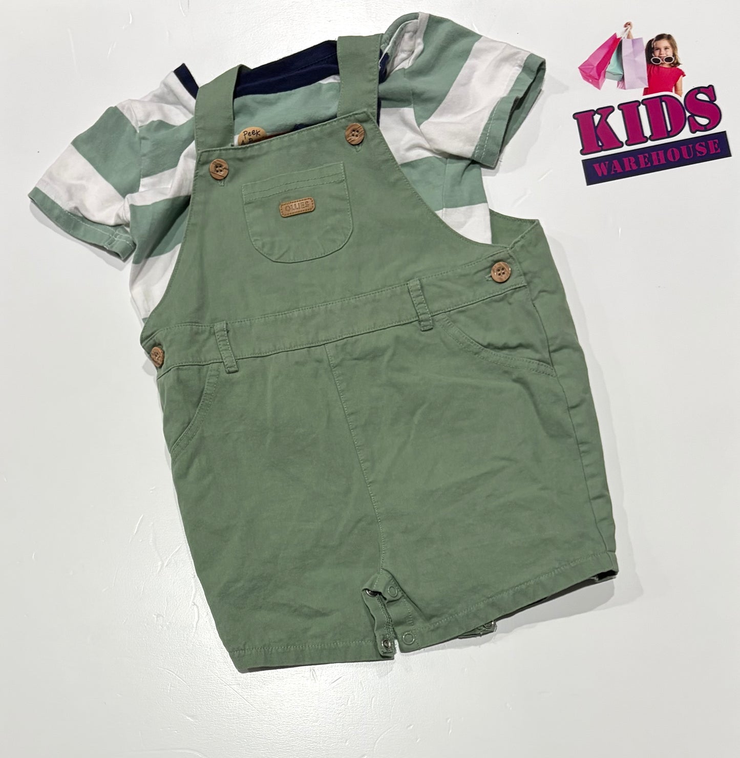 Ollie's Place Green, White Stripe Shirt & Green Overalls Size 2