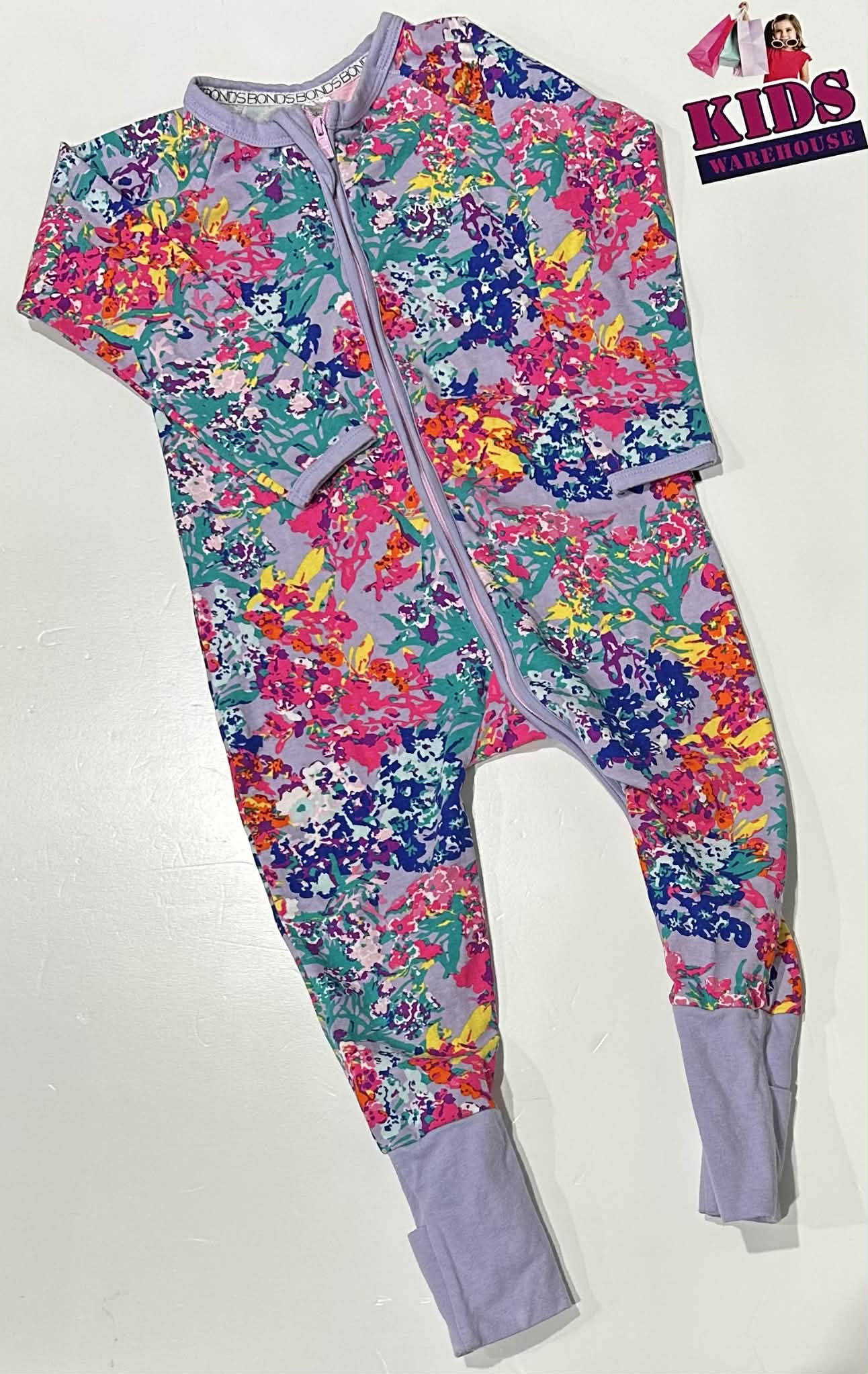 Bonds Purple Wondersuit With Pink, Blue & Green Flower Pattern Size 2