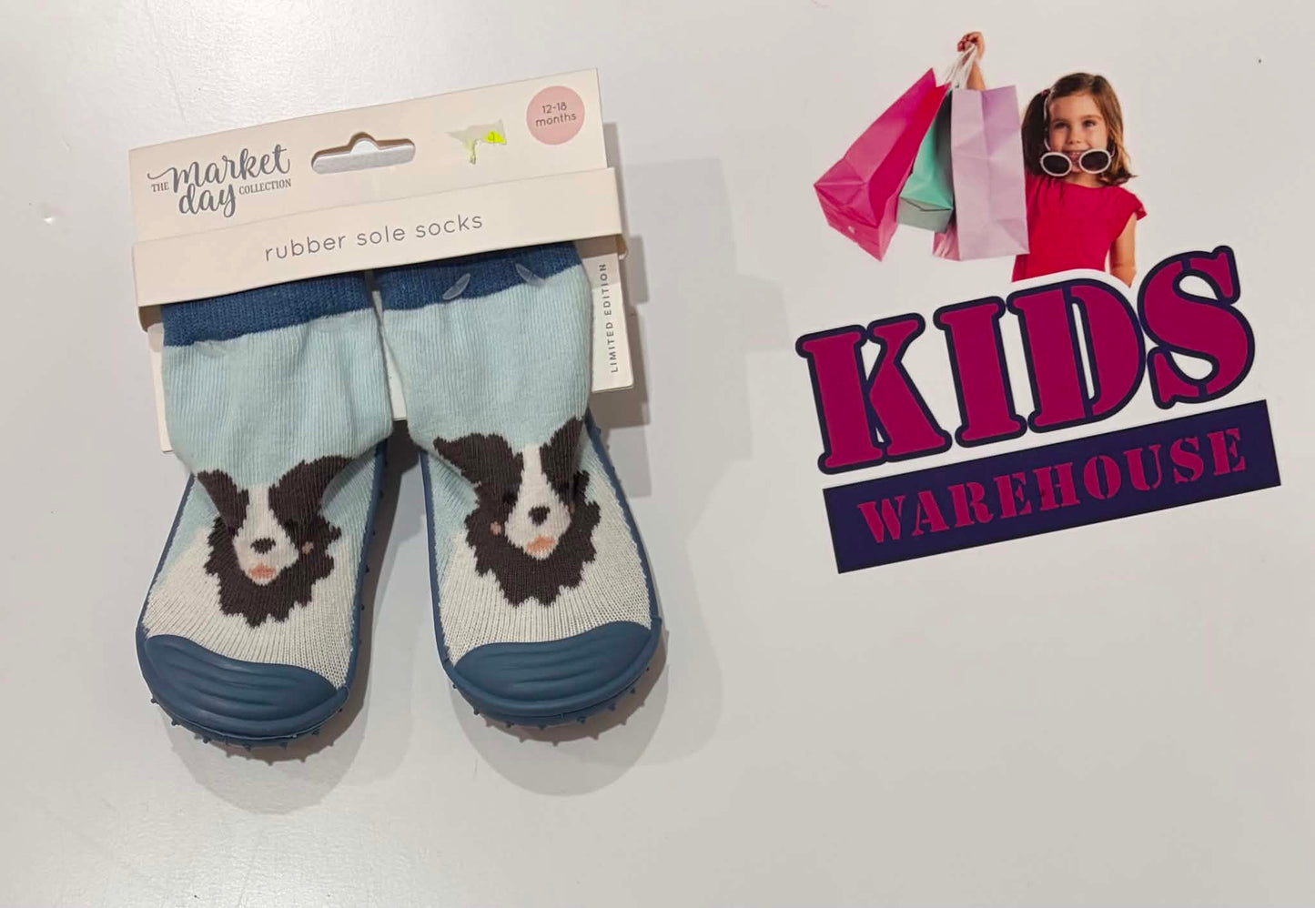 Not Used The Market Day Collection Blue, Dog Print Rubber Sole Socks 12-18 Months