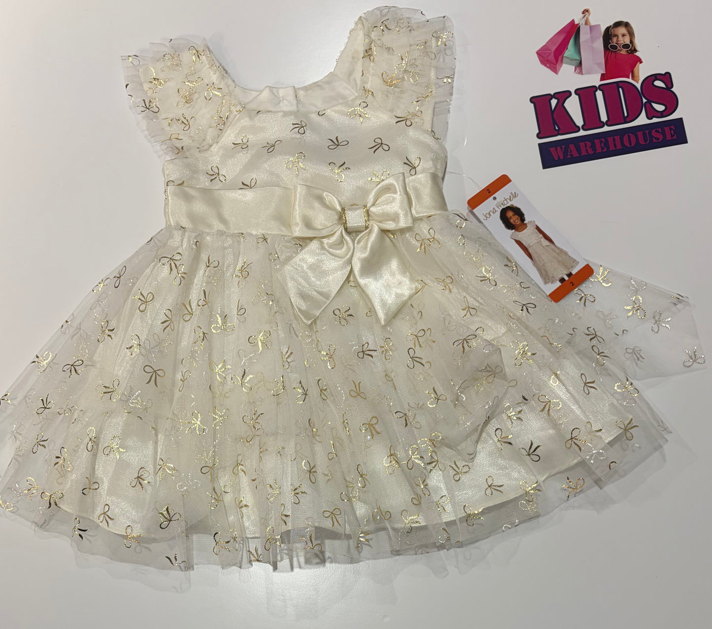 Jona Michelle White, Gold Bow Print Dress Size 2