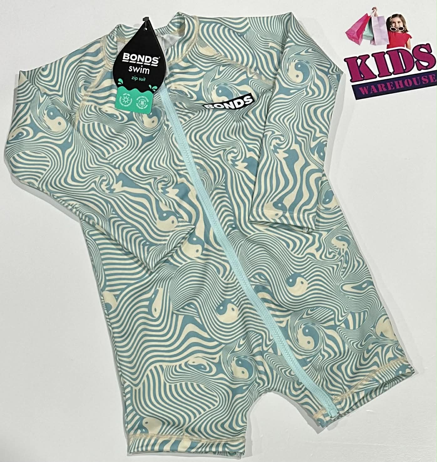 New Bonds White & Blue Swim Bodysuit With Ying and Yang Pattern Size 2