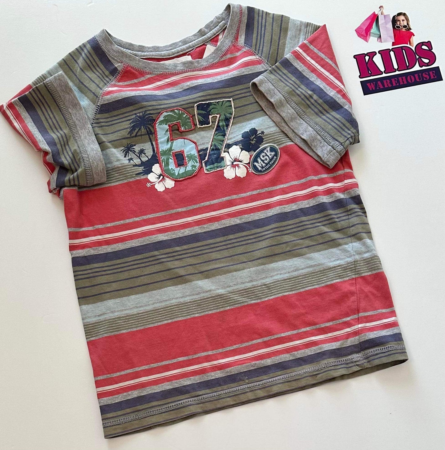 Milkshake Red, Khaki, Blue & Grey Striped “67” Graphic Top Size 8