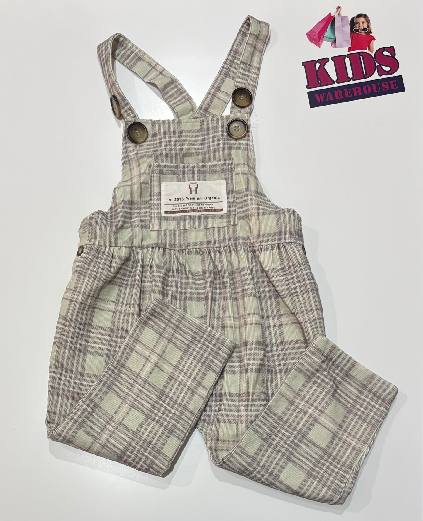 Halo & Horns White, Light Grey, Mint Check Soft Corduroy Overalls Size 4