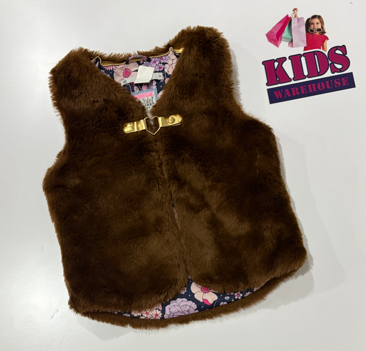Brown Fur With Floral Print Lined Vest Size 5