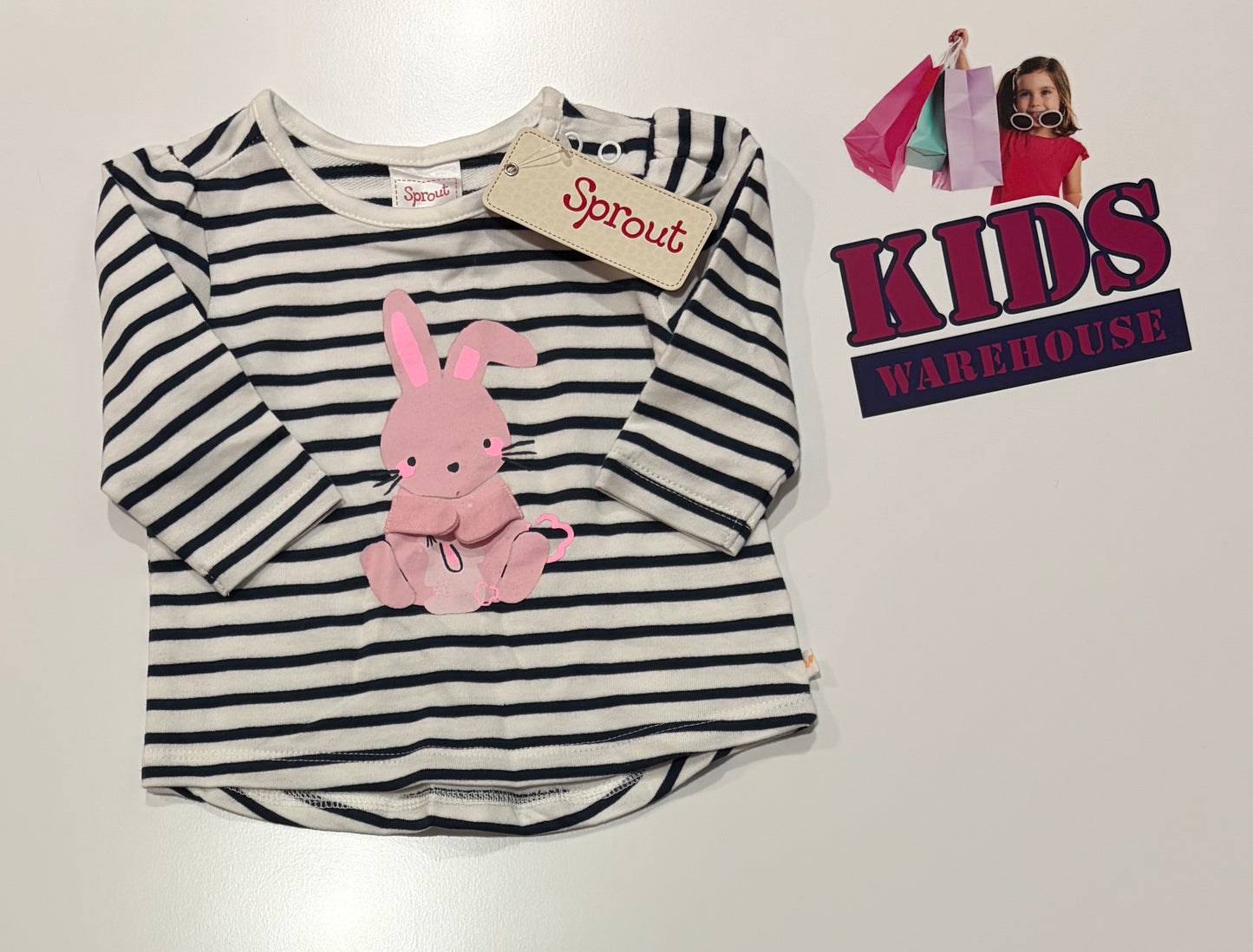 Not Used Sprout White, Navy Stripe Pink Bunny Print Top Size 000