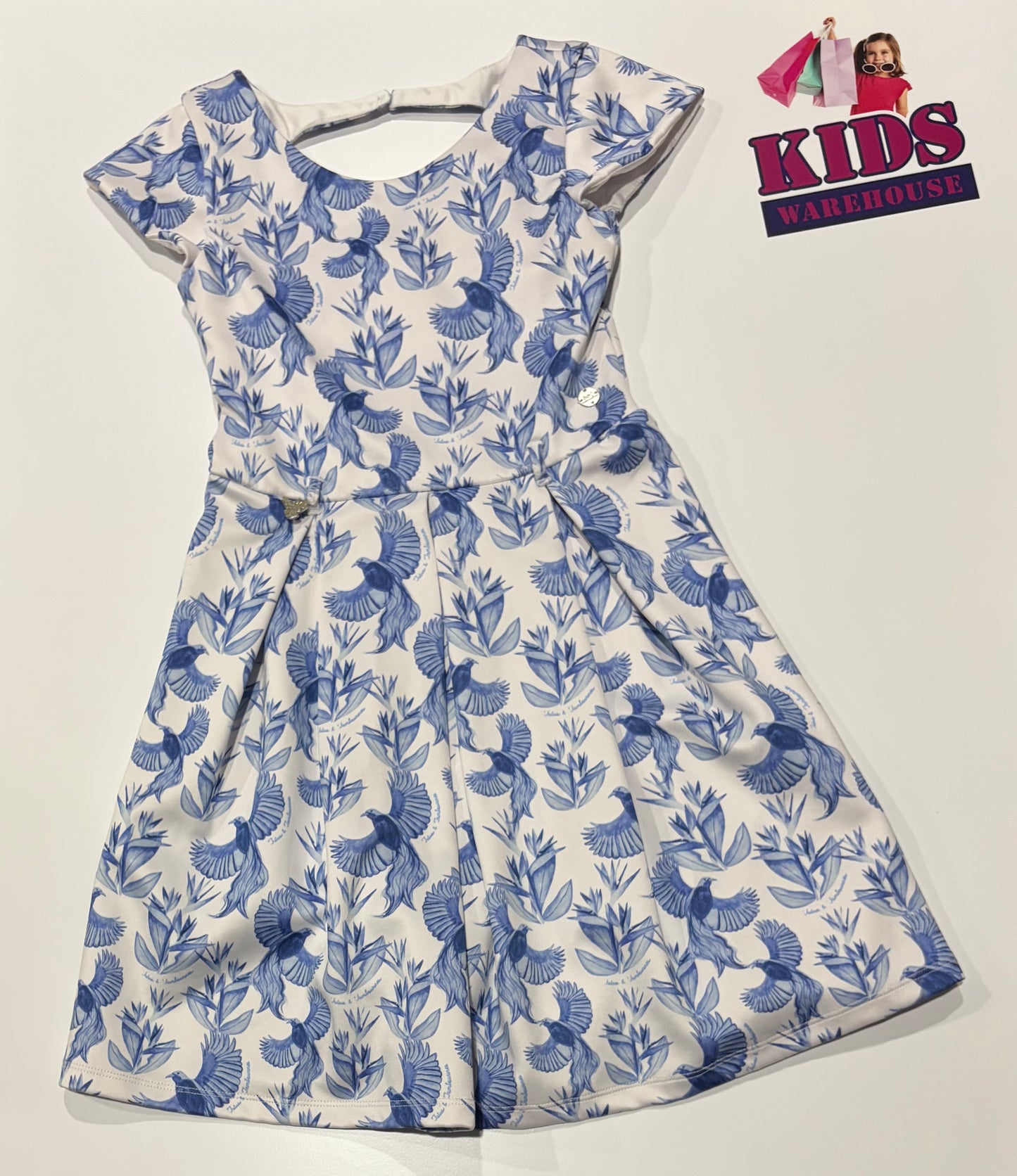 Tutus & Tambourines White, Blue Bird Print Dress Size 8