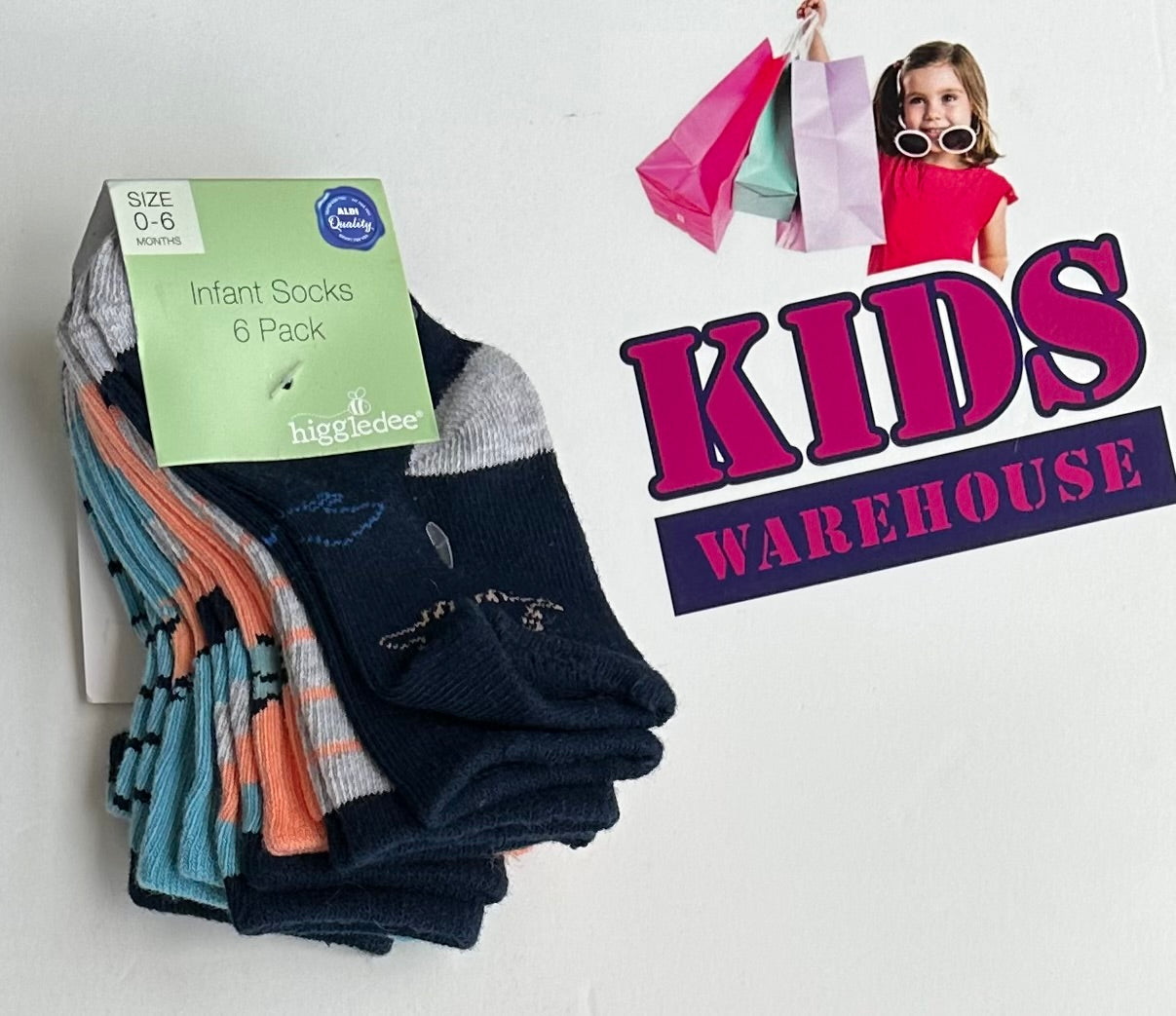 New Higgledee Infant Socks 6 Pack Dinosaur Print Size 0-6 mths