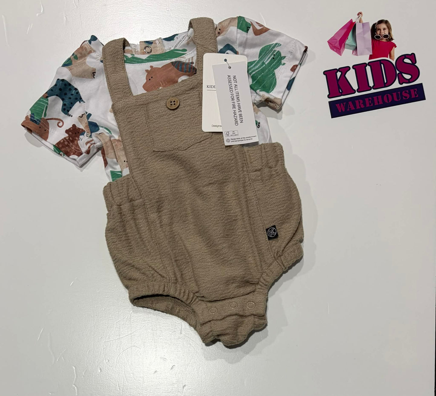 Kidding Around Bodysuit Overalls & White Top Size 000 (RRP $26)
