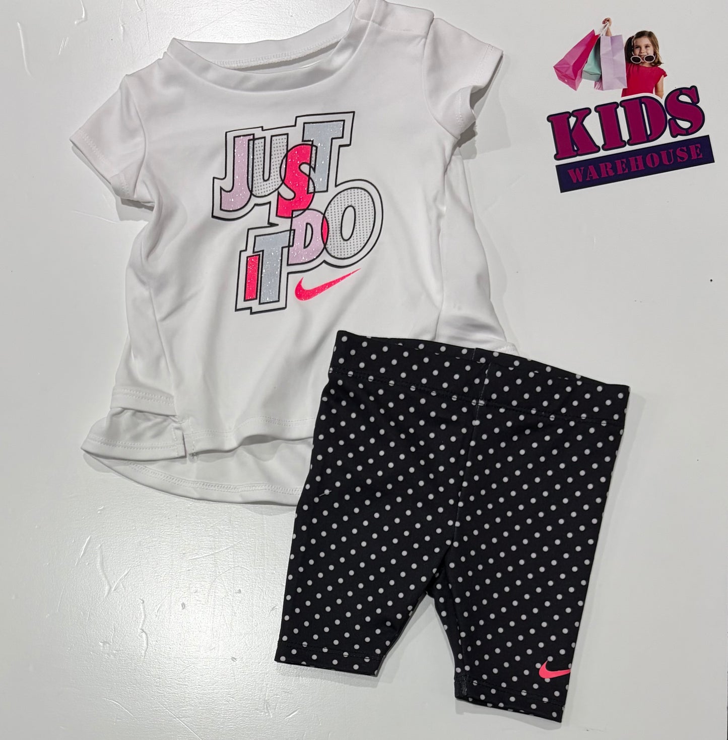 Nike Dri-Fit White, Pink Just Do It Print & Black, White Polka Dot Print Pants 2 Piece Set Size 0