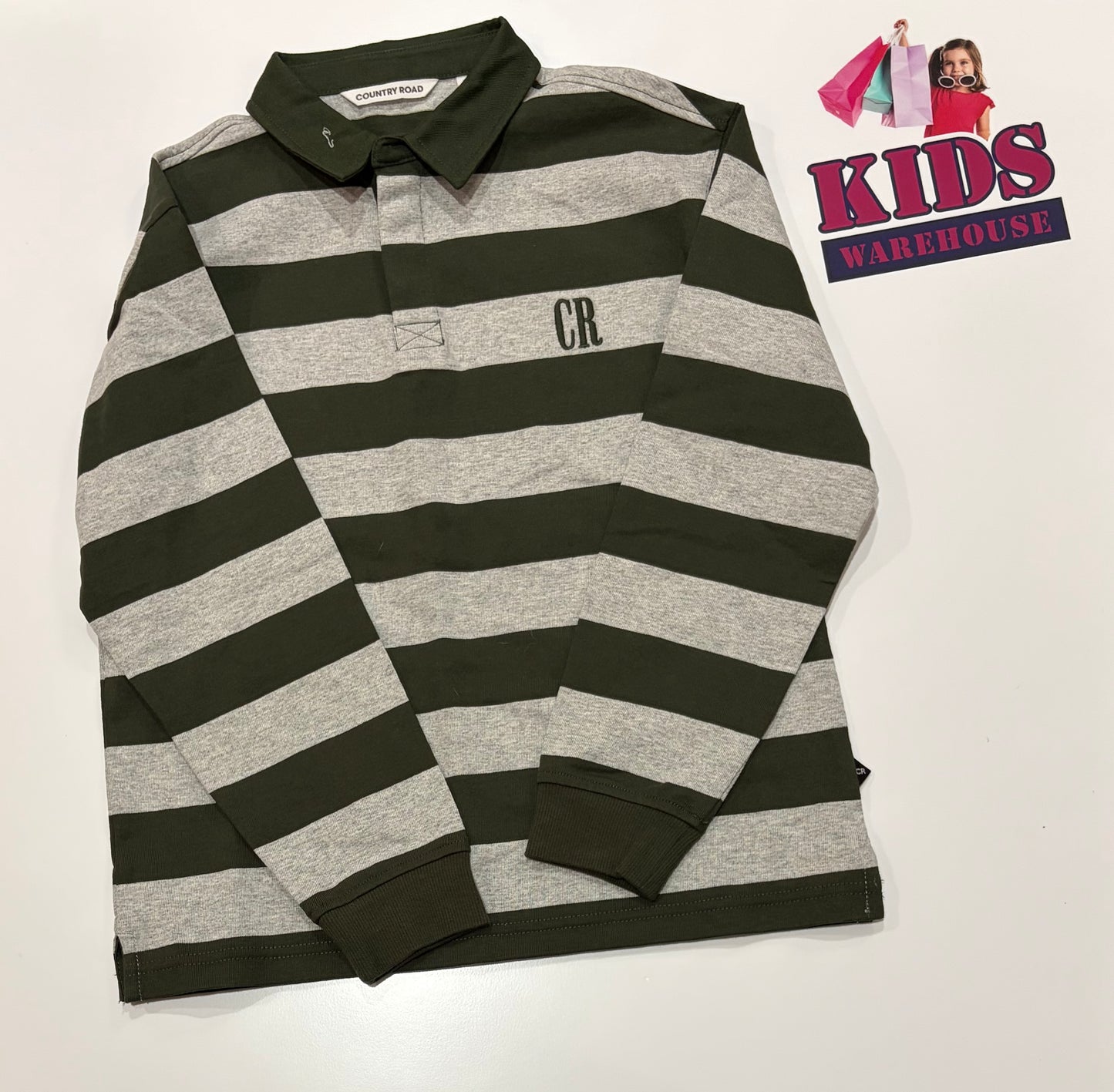 Country Road Green, Grey Stripe Long Sleeve Top Size 8