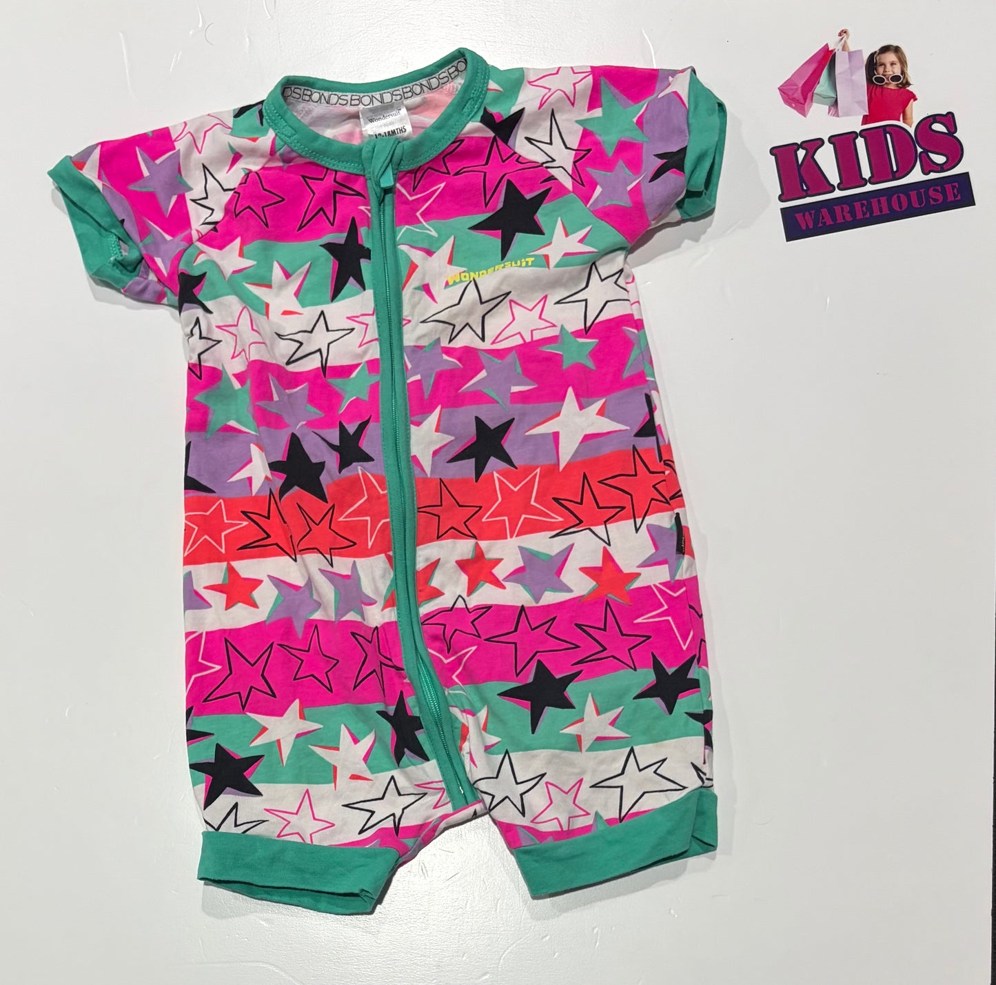 Bonds Wondersuit Pink, Teal, White Stripe, Star Print Jumpsuit Size 1
