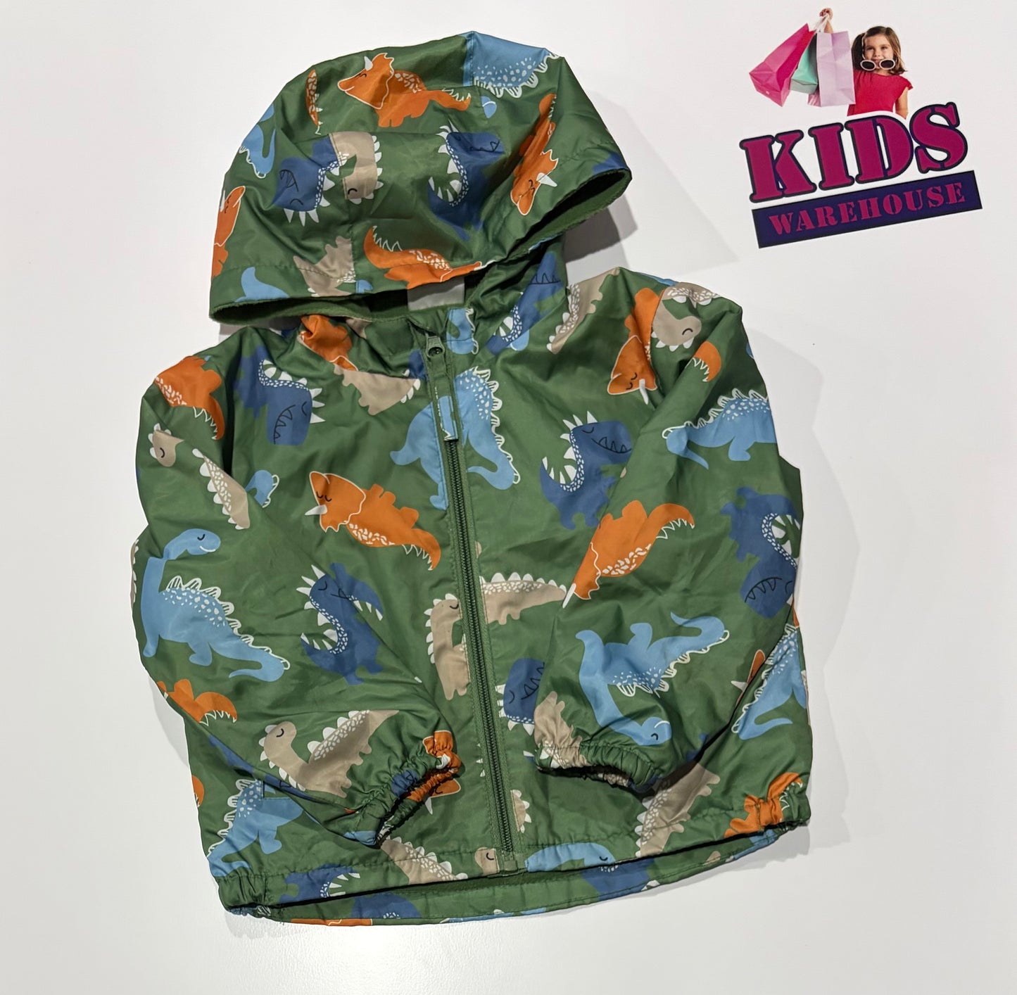 Lily & Dan Green, Orange, Blue Dinosaur Print Rain Jacket Size 3