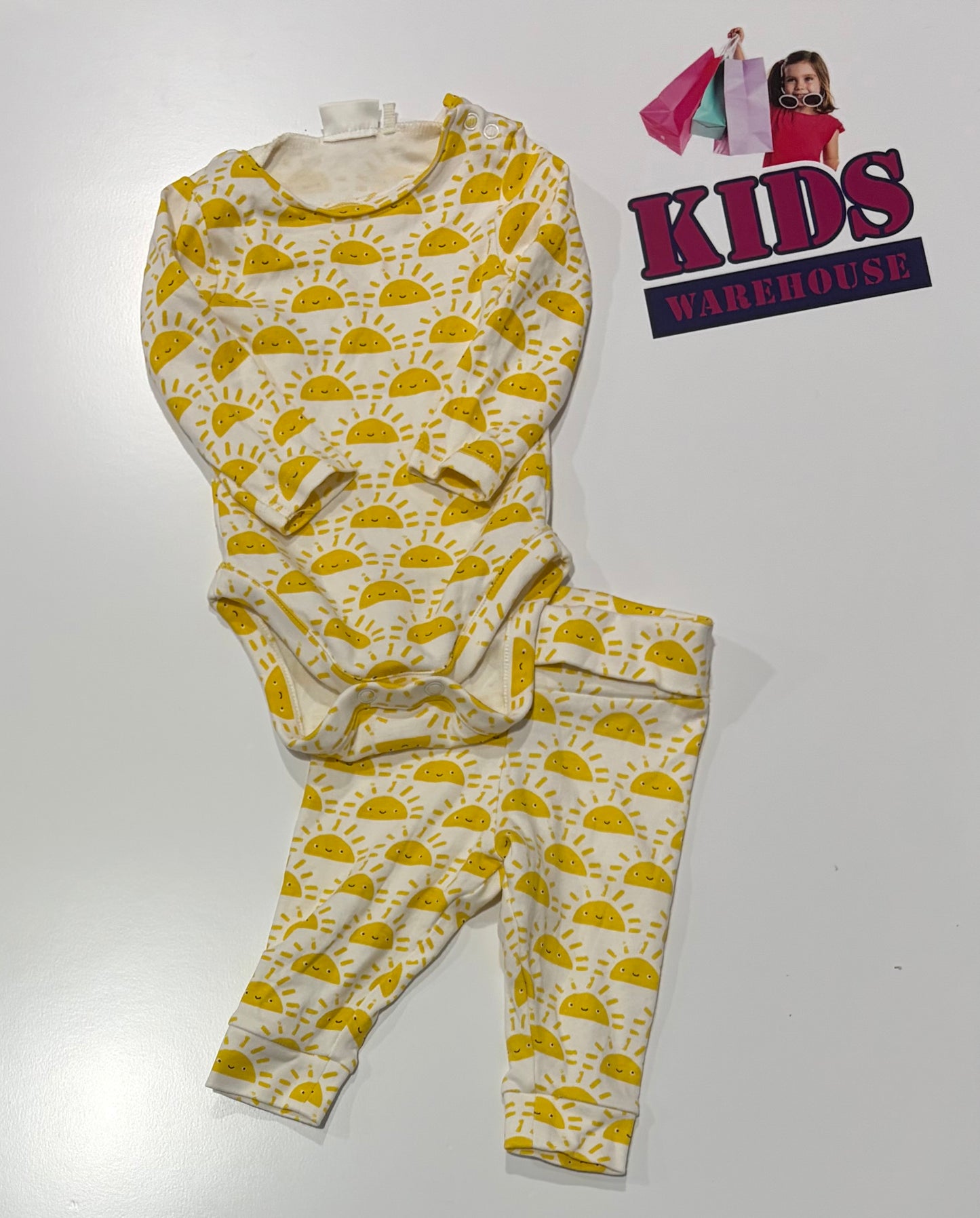 Next White, Yellow Sun Print Bodysuit & Pants 2 Piece Set Size 000