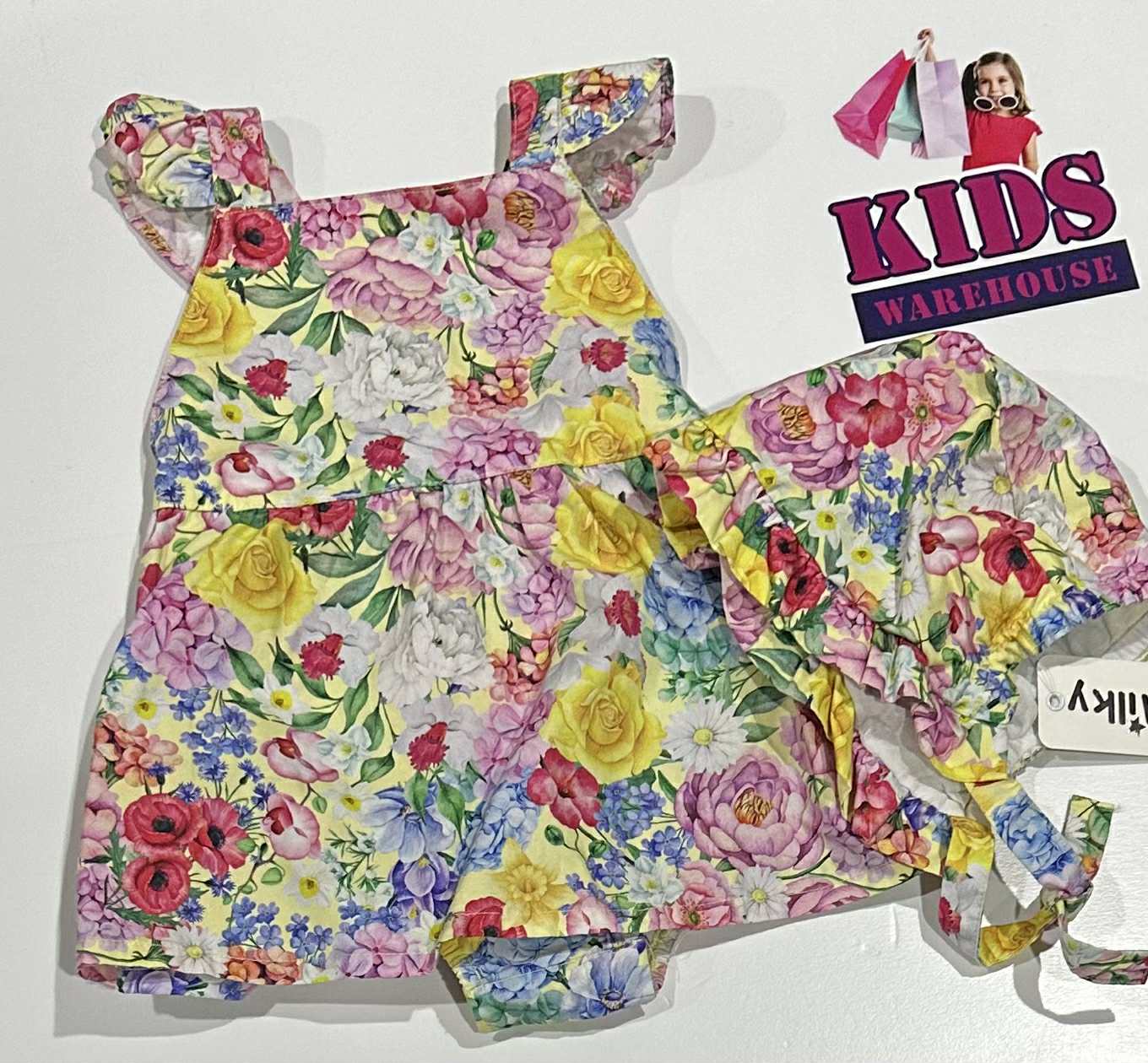 New Milky Multi Coloured Dress With Flower Pattern With Hat Size 00