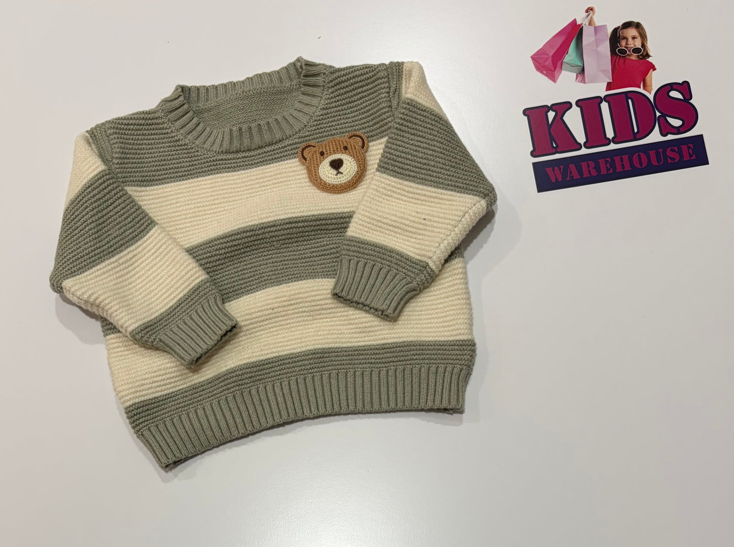 Cozy Pixies Green, White Stripe, Bear Print Knit Sweater Size 0