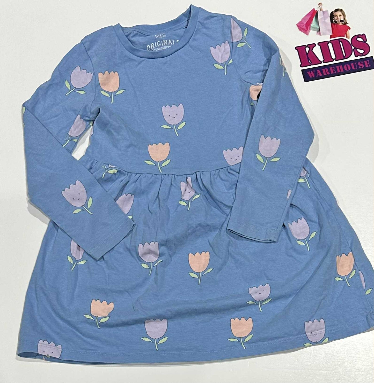 M&S Blue Long Sleeve Dress With Purple Flower Pattern Size 4-5