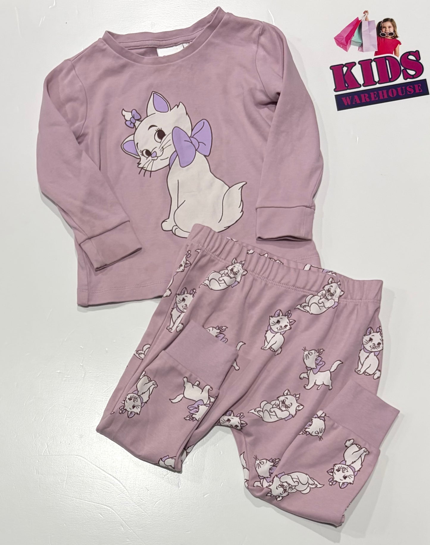 Disney Pink, Cat Print 2 Piece Pyjama Set Size 1