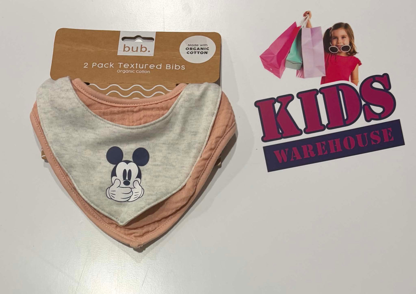 Not Used Bub. 2 Pack Baby Bibs, Grey, Pink, Mickey Mousd Print