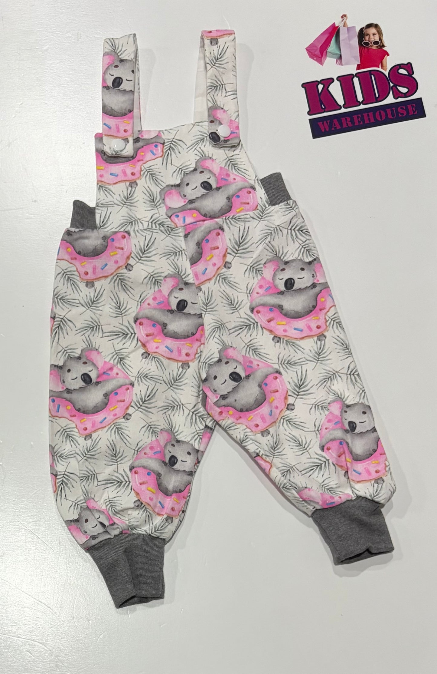 Deb's Kids Wear White, Koala Donut Print Overalls Size 000